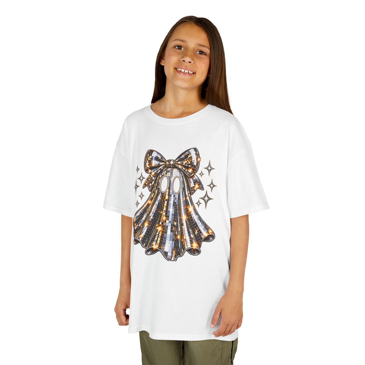Disco Ball Ghost With Bow T-Shirt | Cute Spooky Sparkle Halloween Tee | Cr8tive Designs