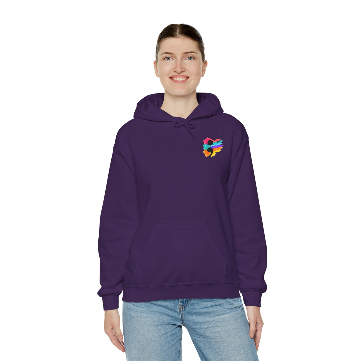 Watercolor Semicolon Hoodie | Rainbow Splash Mental Health Pocket Print Pullover | Cr8tive Designs