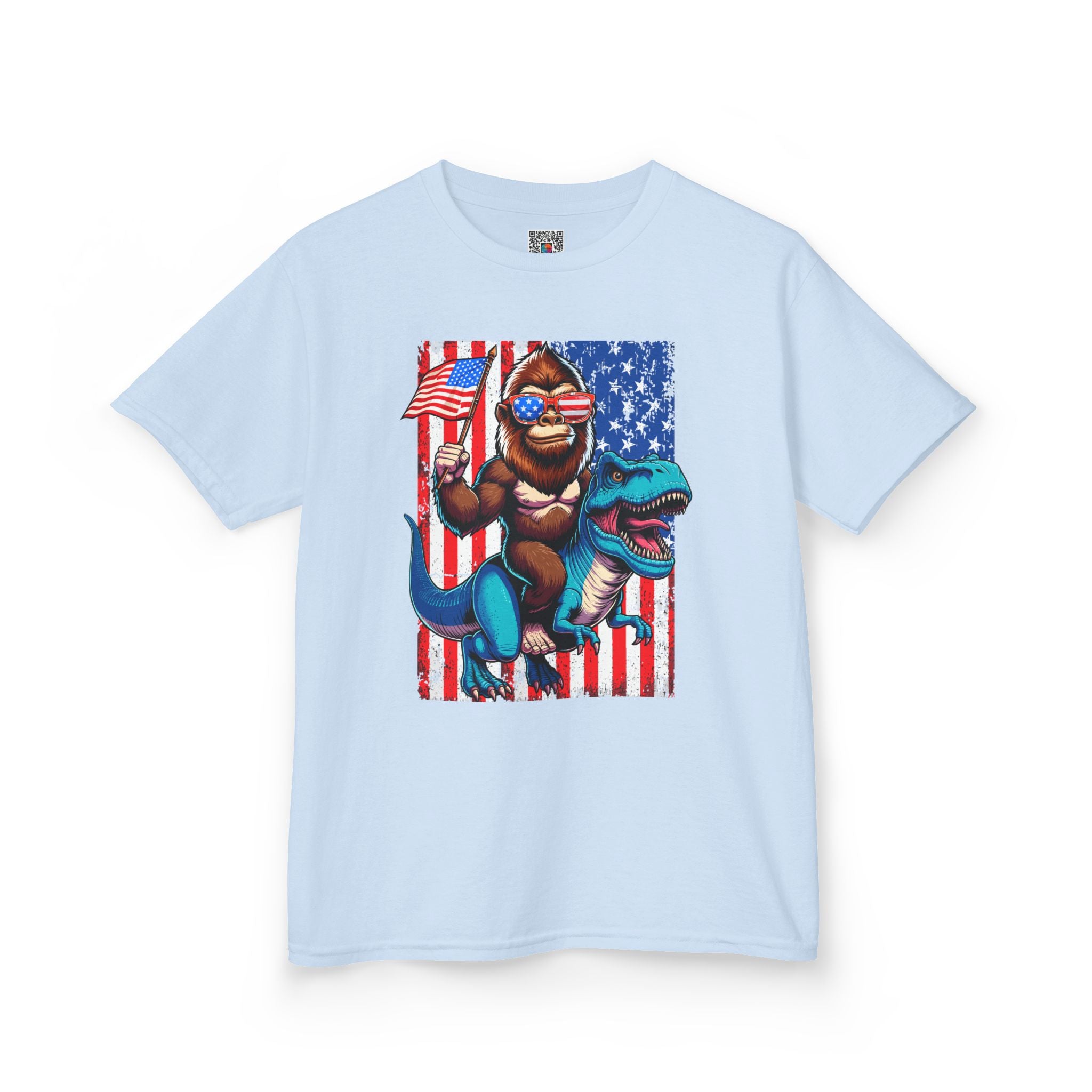 Kids Patriotic Dino Tee – T-Rex Riding Dinosaur with American Flag | Cr8tive Designs