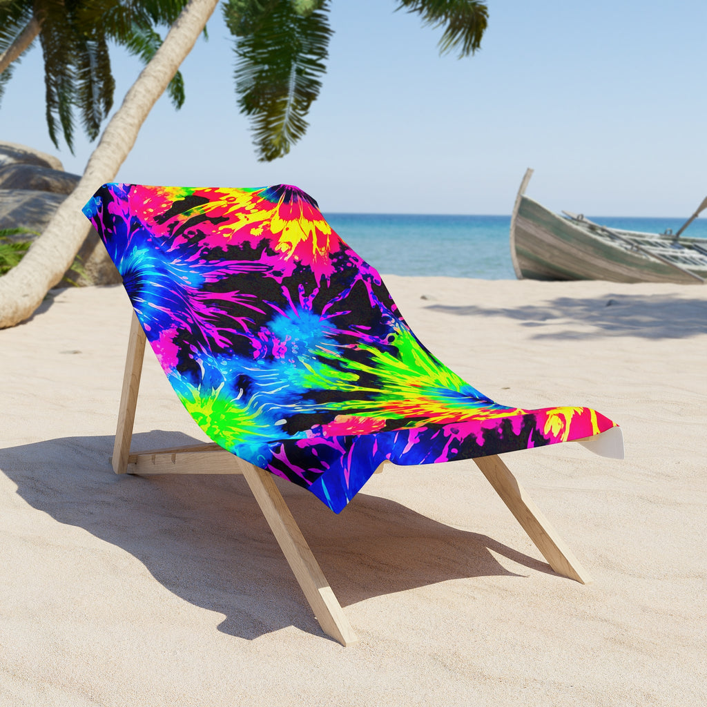 Neon Tie-Dye Beach Towel — Vibrant Rainbow Sunburst Towel/Cr8tive Designs