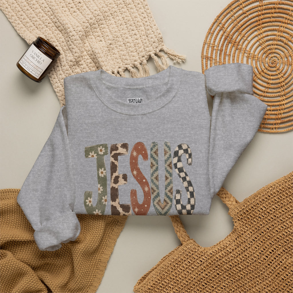 Patterned Jesus Western Sweatshirt | Southwestern Cow Print Faith Crewneck | Cr8tive Designs