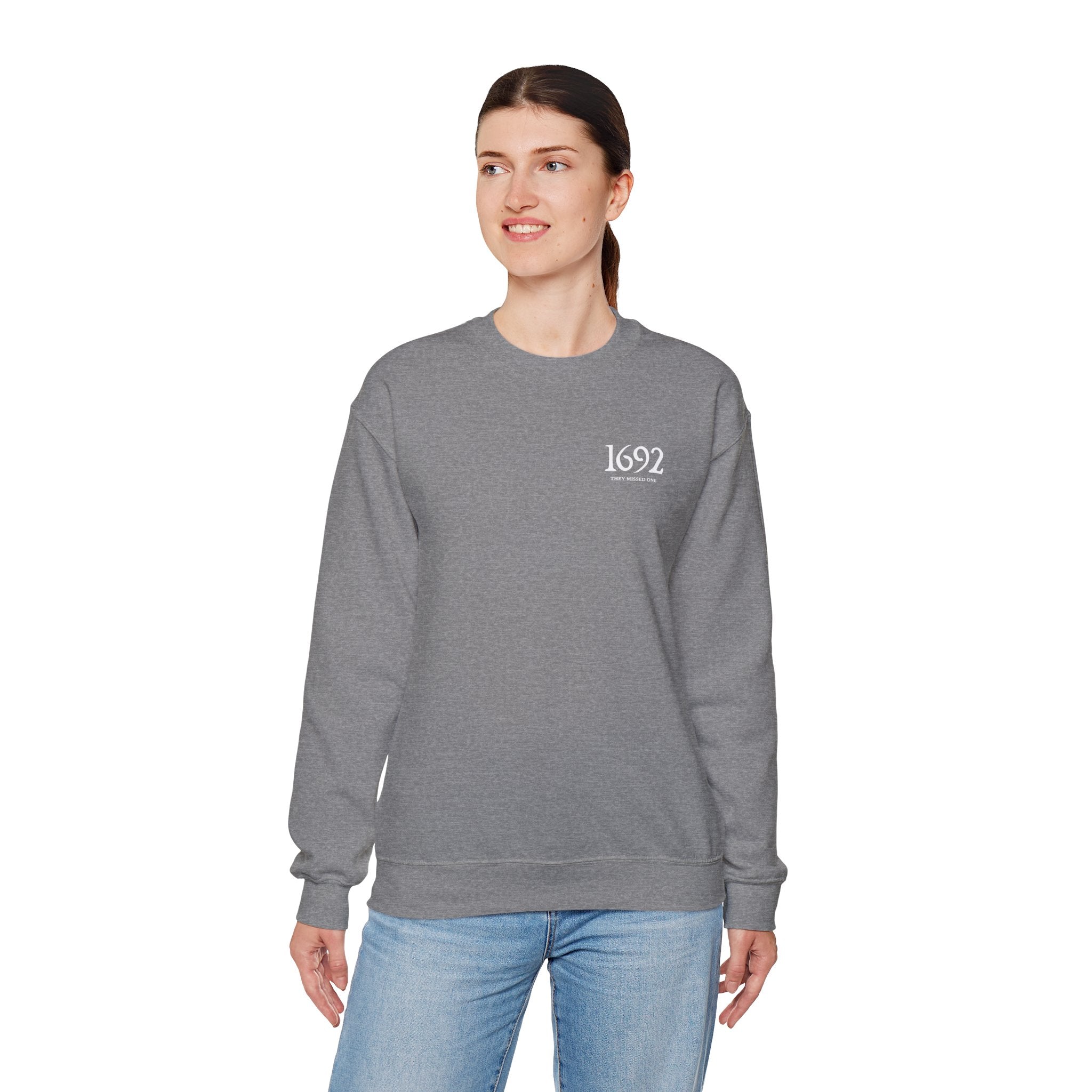 1692 They Missed One Sweatshirt | Minimalist Witchy Chest Graphic Crewneck | Cr8tive Designs