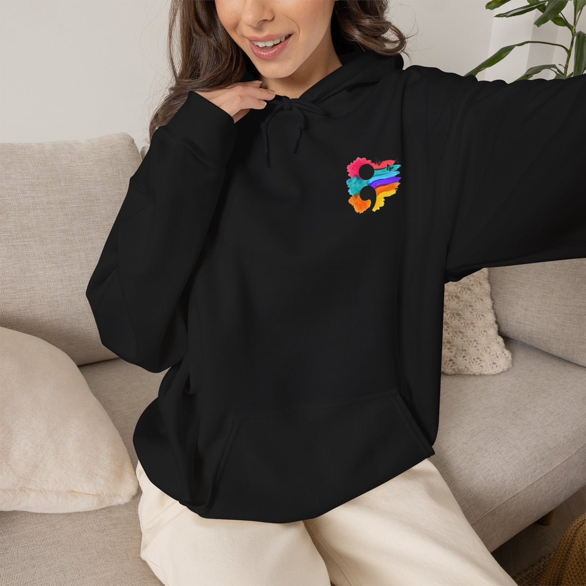 Watercolor Semicolon Hoodie | Rainbow Splash Mental Health Pocket Print Pullover | Cr8tive Designs