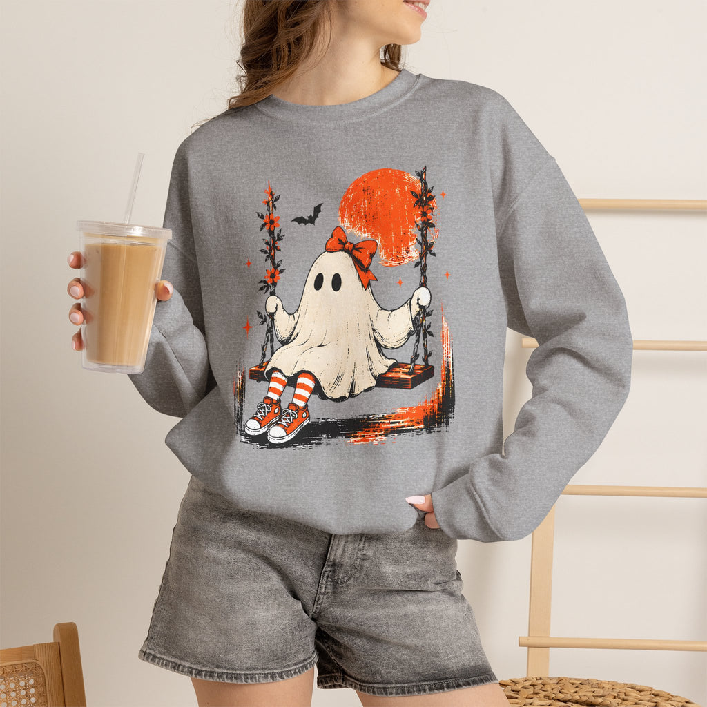 Retro Cute Ghost on Swing Sweatshirt | Vintage Coquette Halloween Graphic Crewneck | Cr8tive Designs