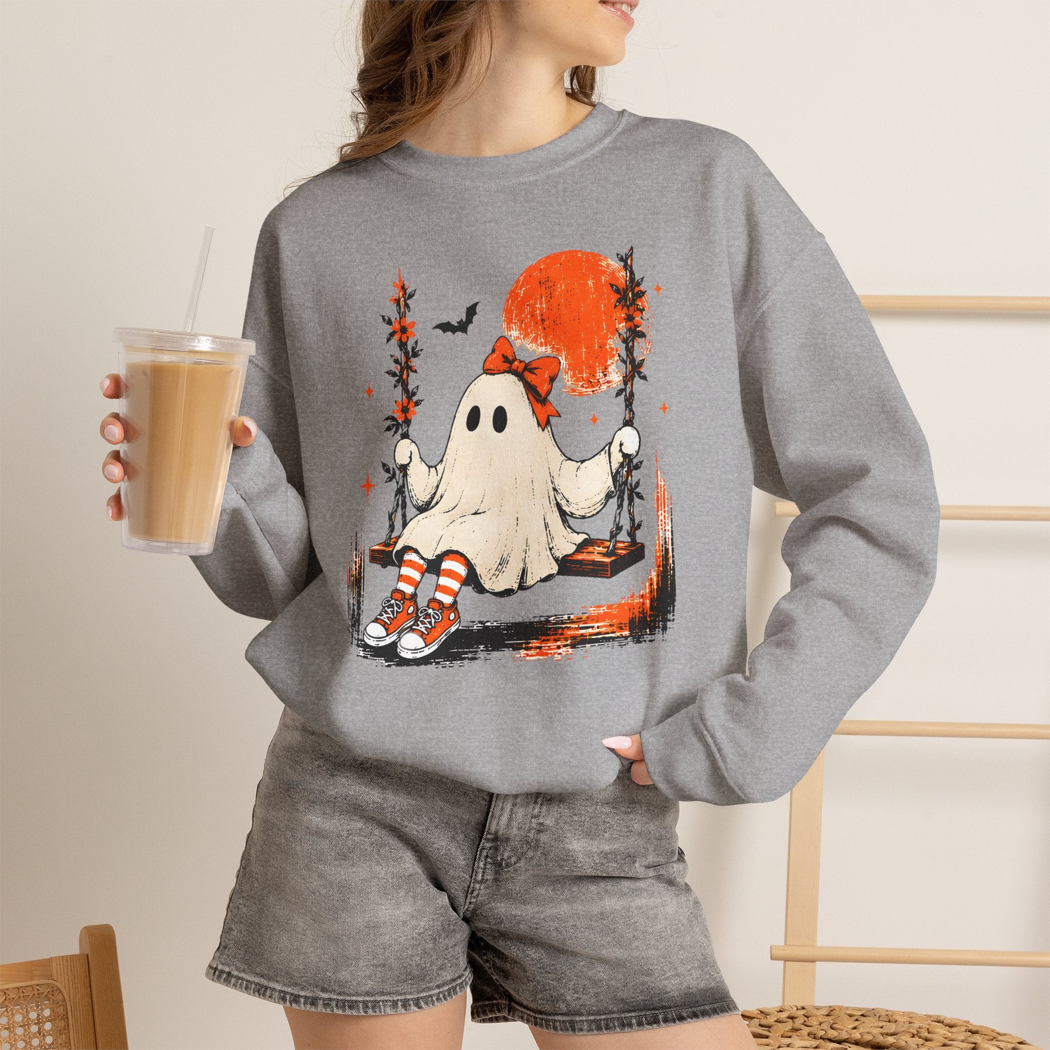 Retro Cute Ghost on Swing Sweatshirt | Vintage Coquette Halloween Graphic Crewneck | Cr8tive Designs