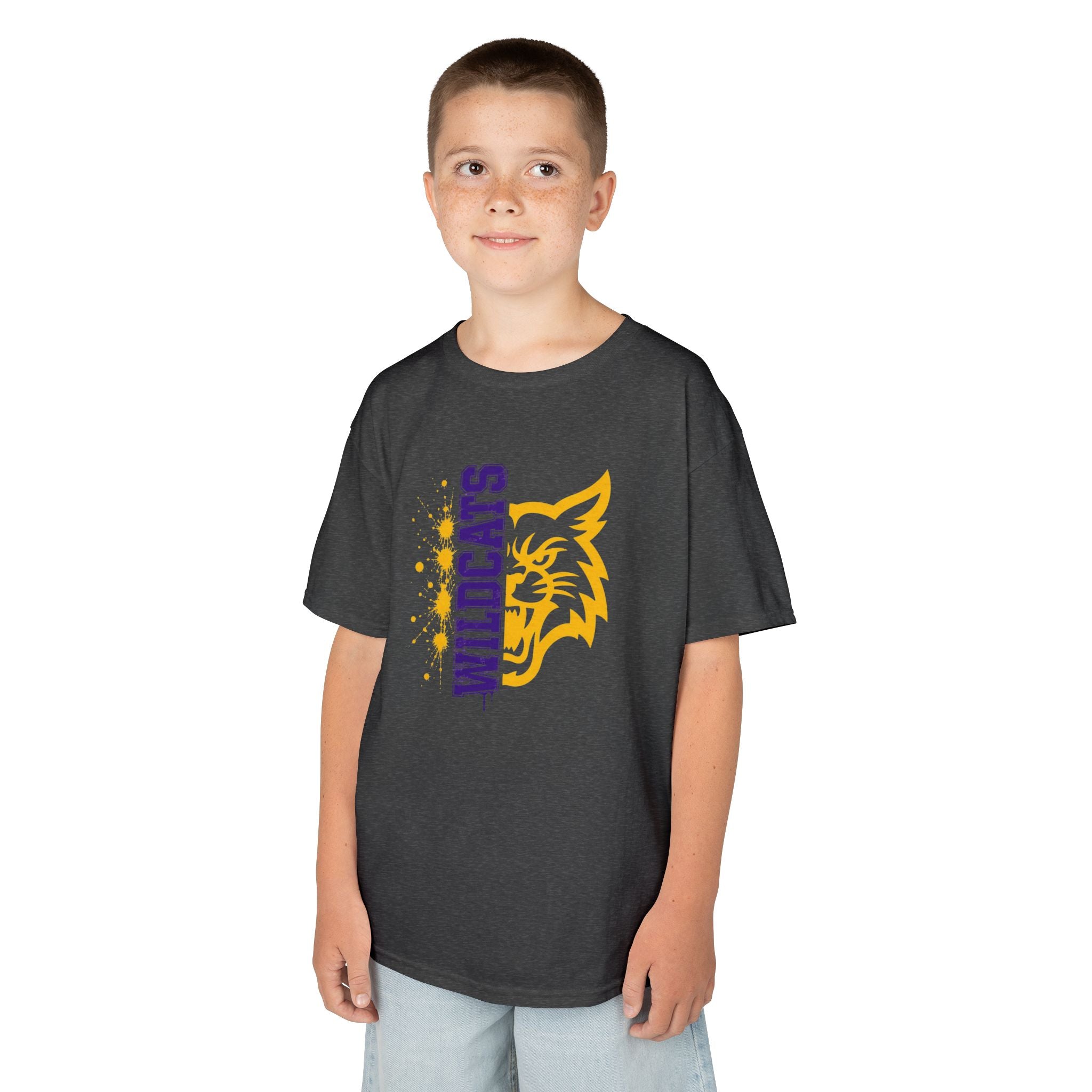 Wildcats Vertical Mascot | Purple & Gold Youth School Spirit T-Shirt | Cr8tive Designs