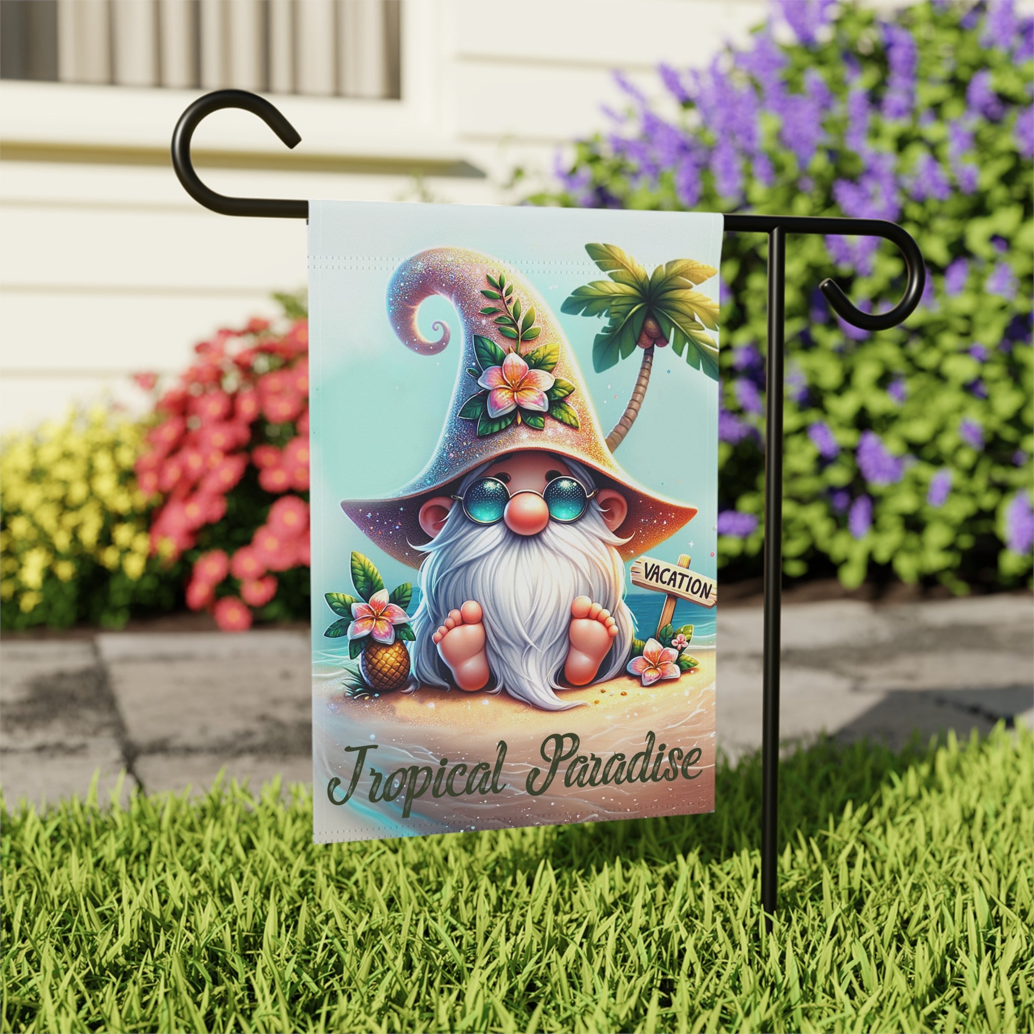 Tropical Paradise Gnome Garden Flag | Beach Gnome Decor | Cr8tive Designs
