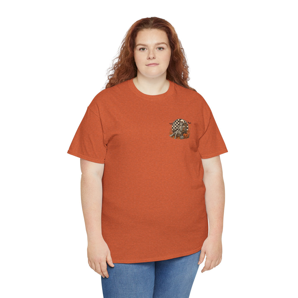 Fall Breeze Autumn Leaves Skeleton Tee | Double Sided Halloween Graphic Tee | Cr8tive Designs