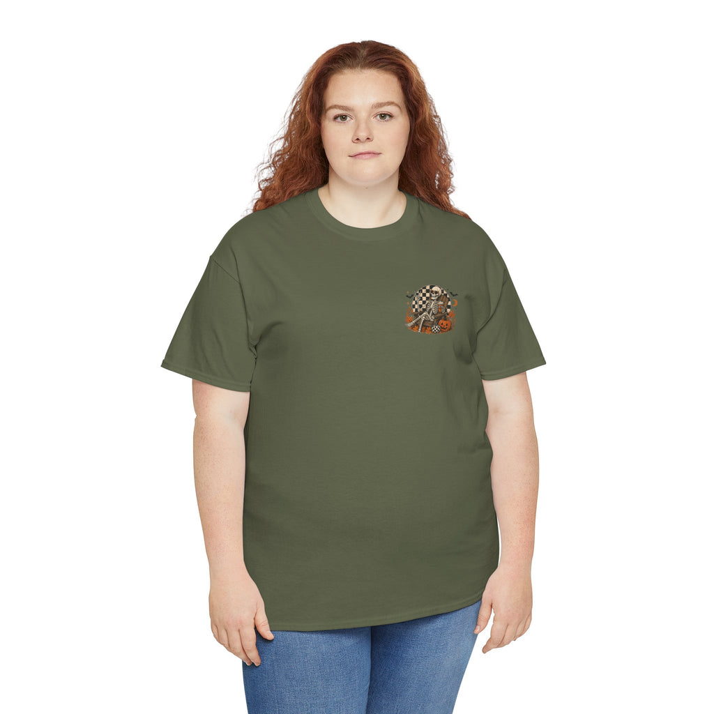 Fall Breeze Autumn Leaves Skeleton Tee | Double Sided Halloween Graphic Tee | Cr8tive Designs