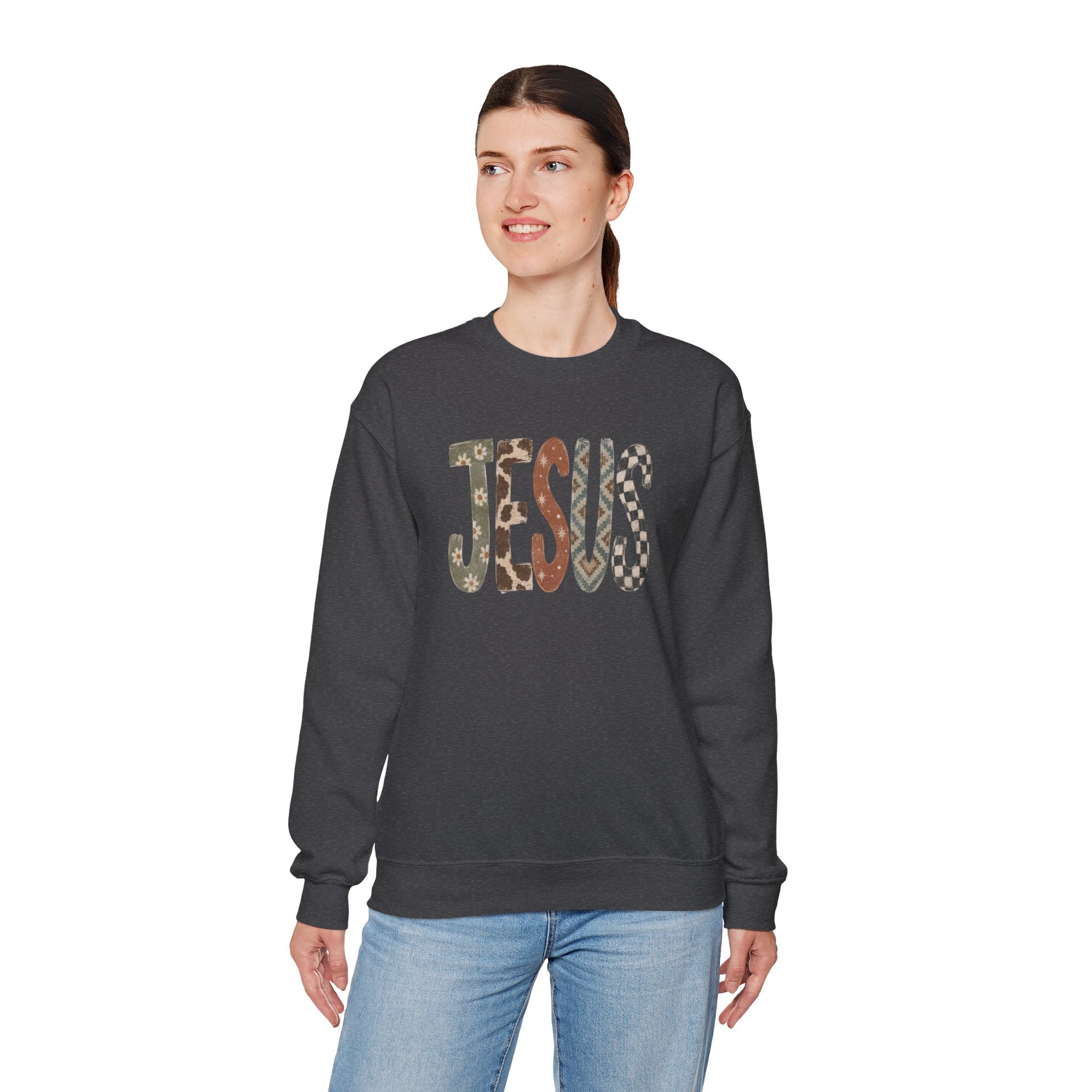 Patterned Jesus Western Sweatshirt | Southwestern Cow Print Faith Crewneck | Cr8tive Designs