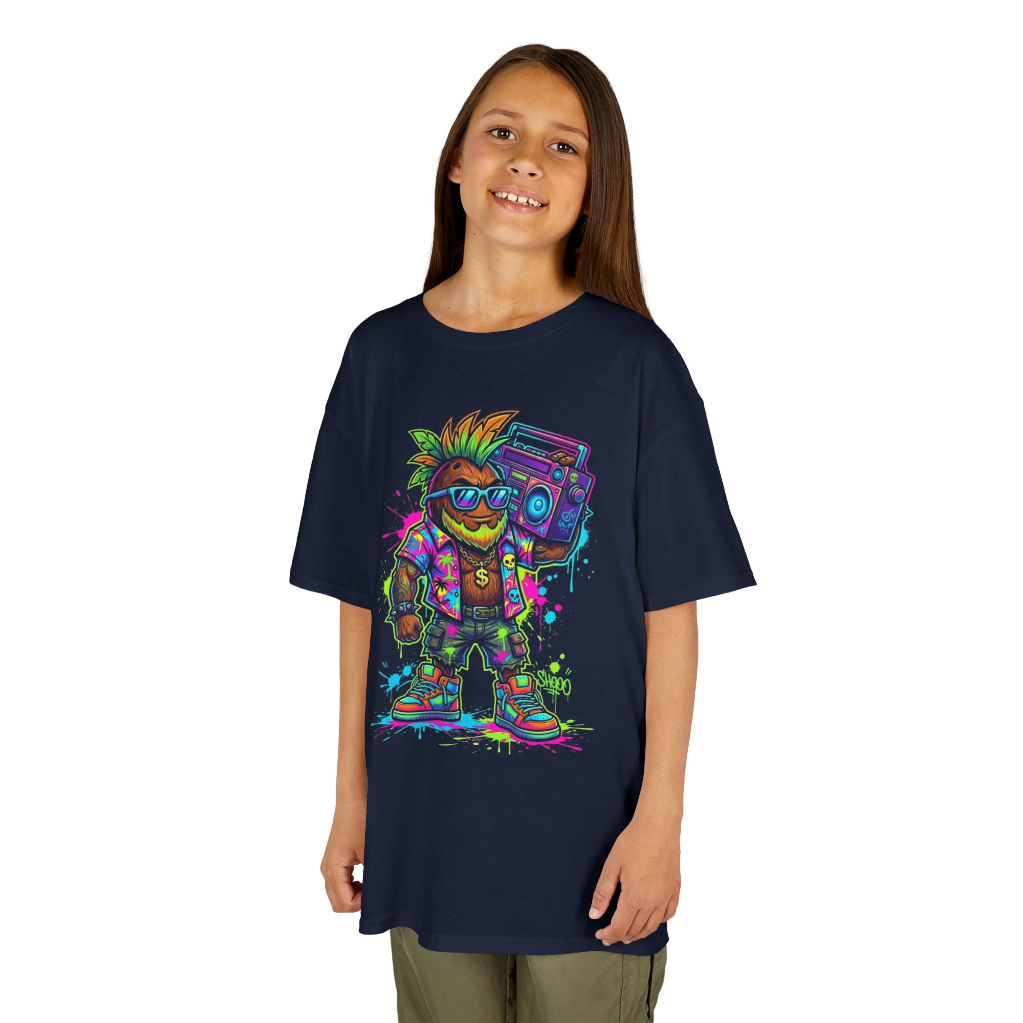 Kids Retro Streetwear T‑Shirt | Neon Skateboarder with Boombox Graphic | Cr8tive Designs