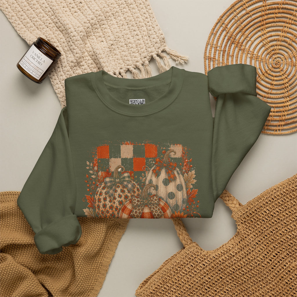 Vintage Patchwork Pumpkin Sweatshirt | Rustic Autumn Floral & Checkered Sweatshirt | Cr8tive Designs