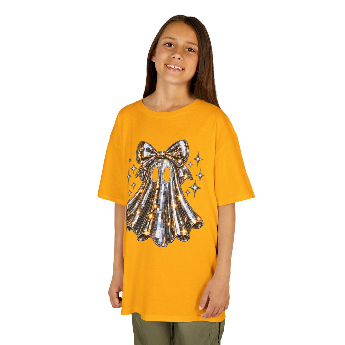Disco Ball Ghost With Bow T-Shirt | Cute Spooky Sparkle Halloween Tee | Cr8tive Designs