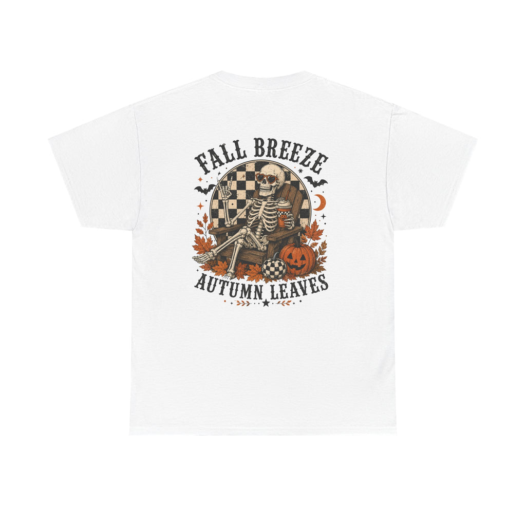 Fall Breeze Autumn Leaves Skeleton Tee | Double Sided Halloween Graphic Tee | Cr8tive Designs