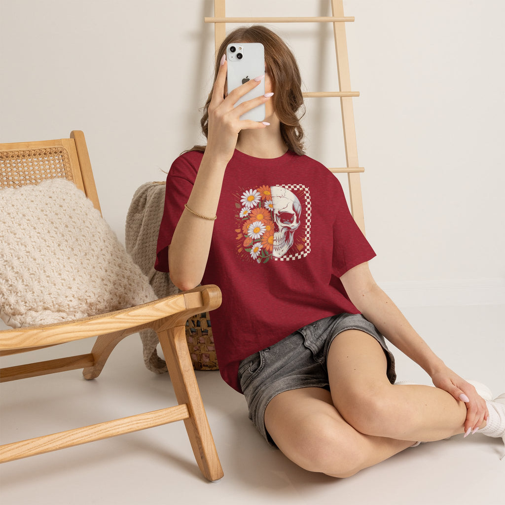 Half Floral Half Skull T-Shirt | Daisy Flower Skull Fall Graphic Tee | Cr8tive Designs