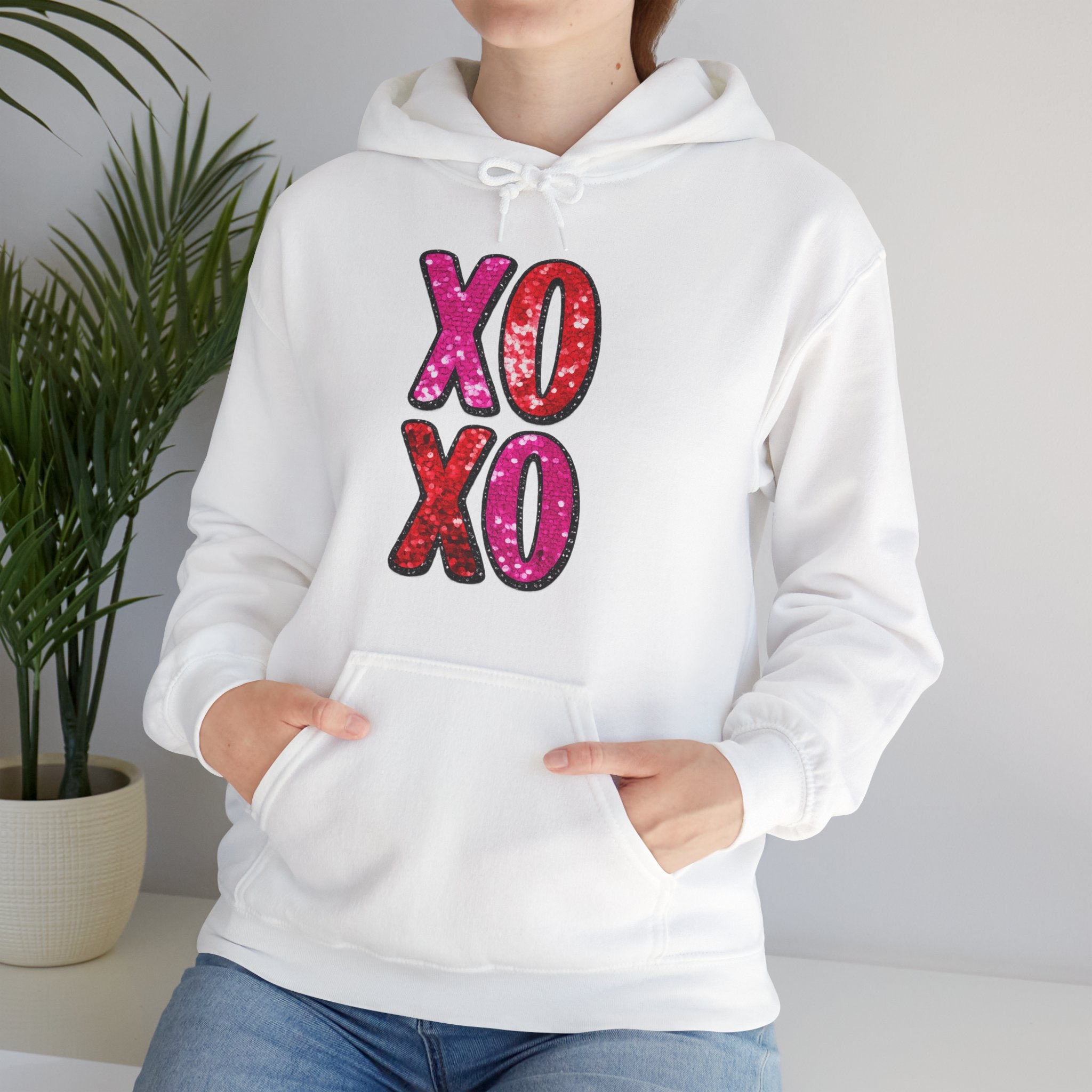 Valentine XO Hoodie – Pink & Red Faux Glitter Kisses Pullover
