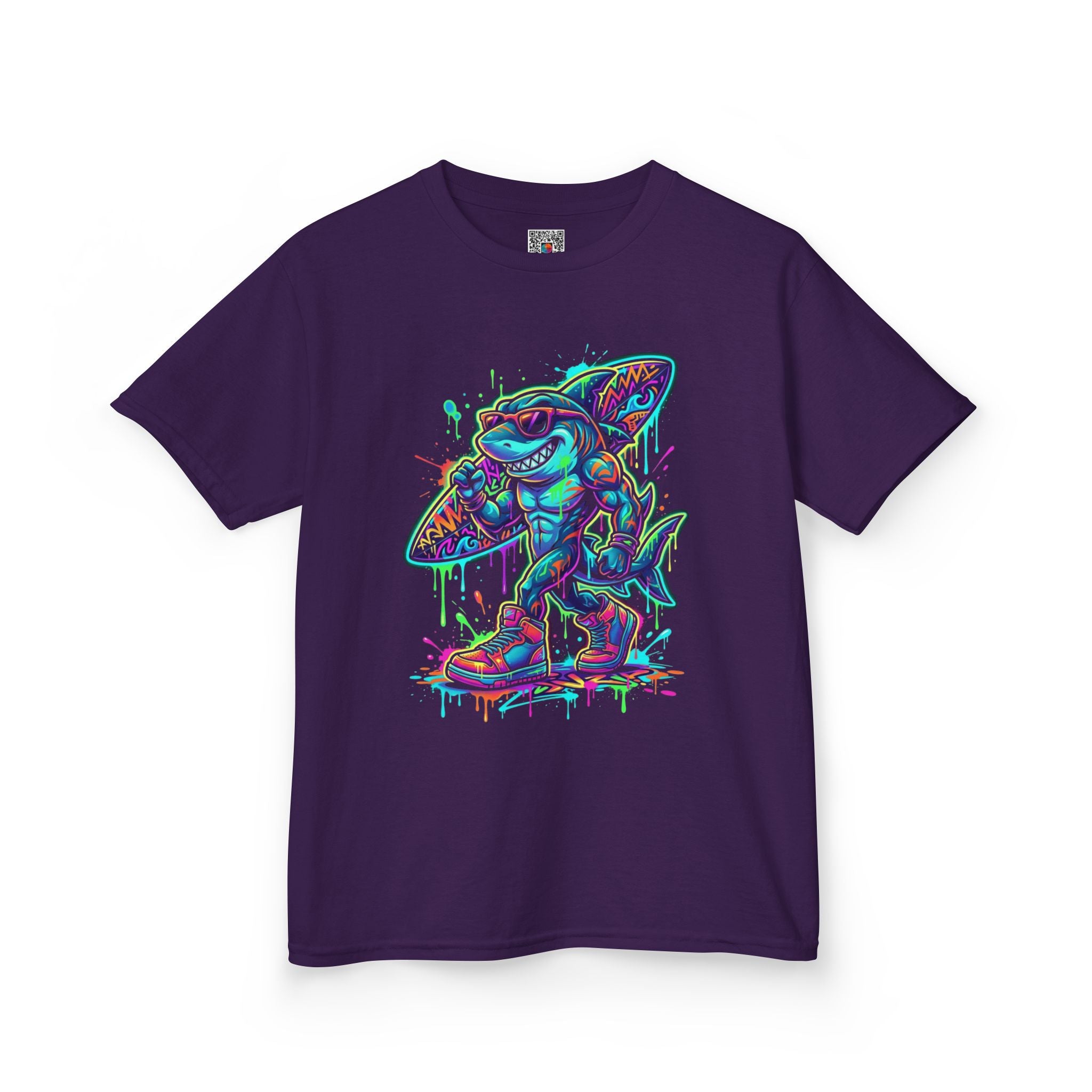 Kids Surfing Shark T‑Shirt — Neon Drip Graphic Tee | Cr8tive Designs