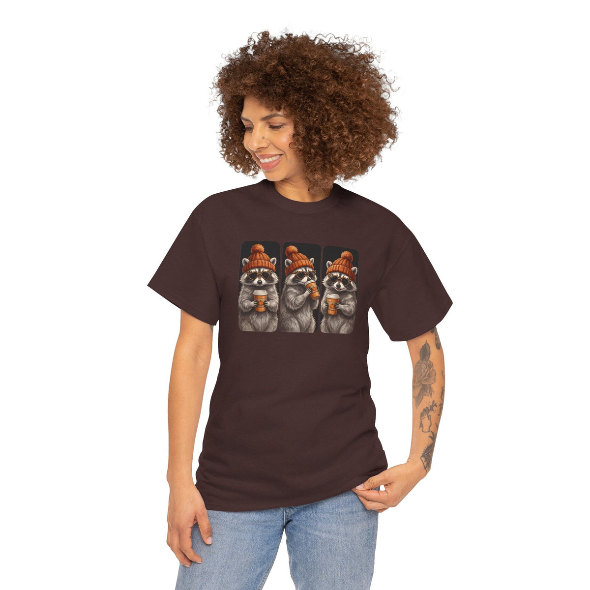 Cozy Raccoons Drinking Coffee Tee | Vintage Fall Beanie Raccoon T-Shirt | Cr8tive Designs