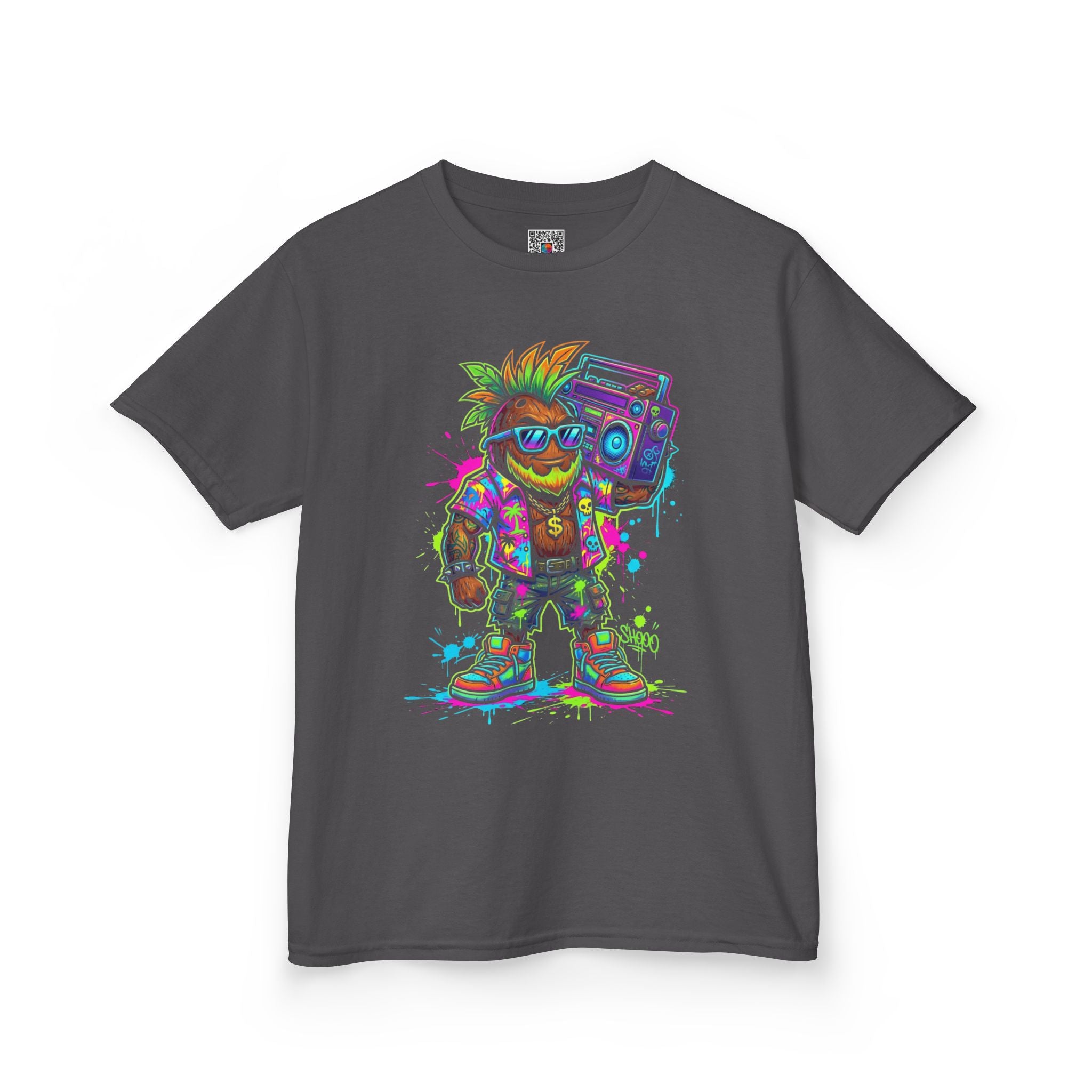 Kids Retro Streetwear T‑Shirt | Neon Skateboarder with Boombox Graphic | Cr8tive Designs