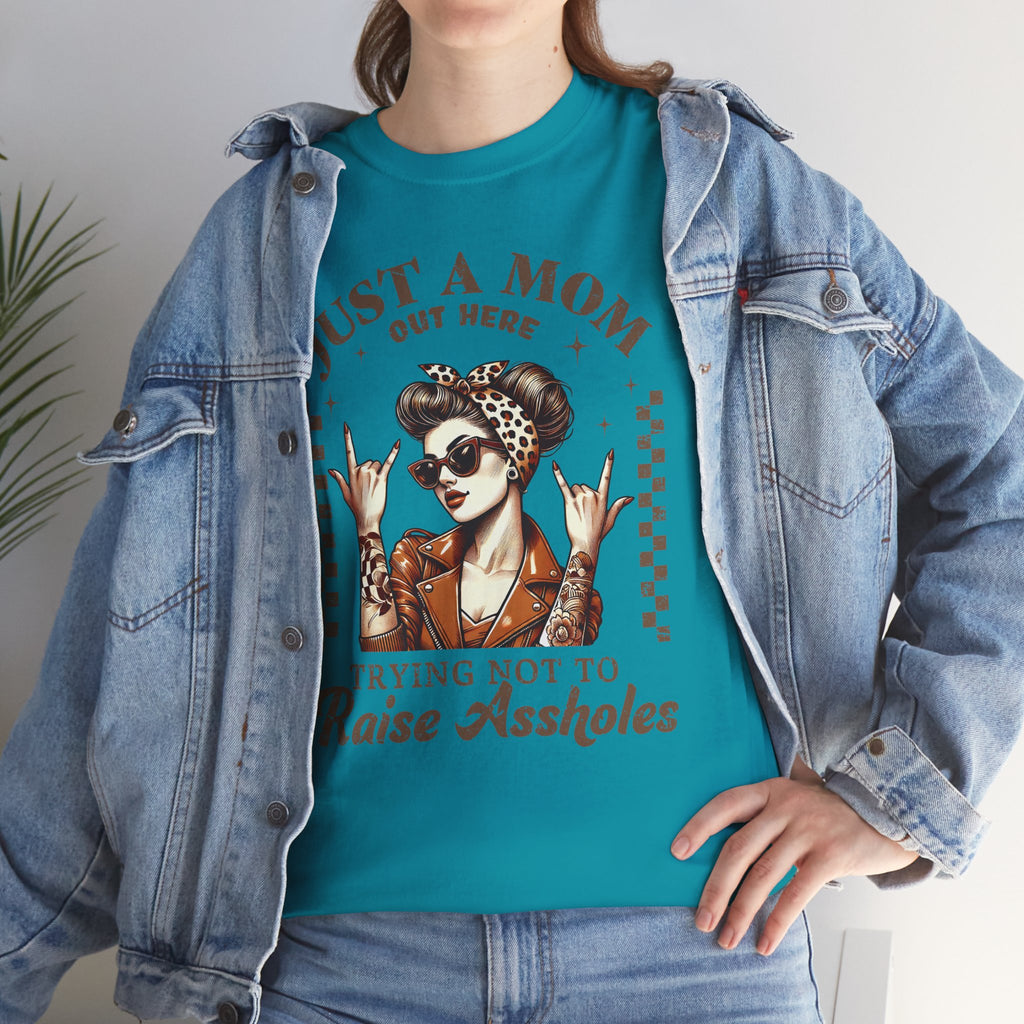 Just a Mom Trying Not to Raise A**holes – Funny Real Life Mom Tee, Trendy Graphic Shirt | Cr8tive Designs