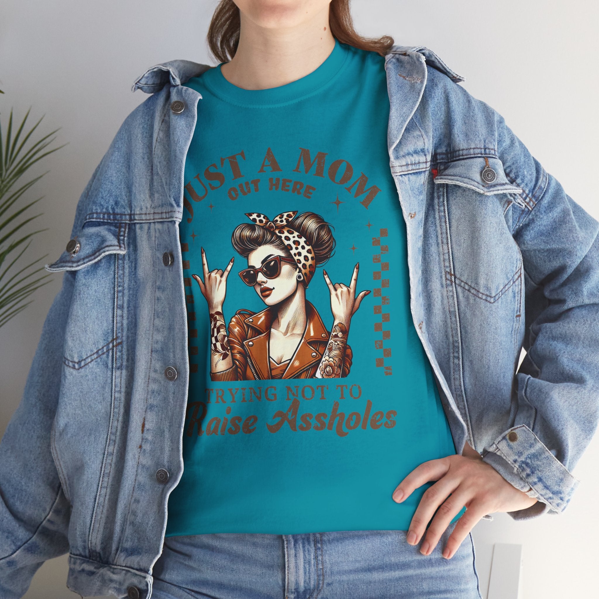 Just a Mom Trying Not to Raise A**holes – Funny Real Life Mom Tee, Trendy Graphic Shirt | Cr8tive Designs