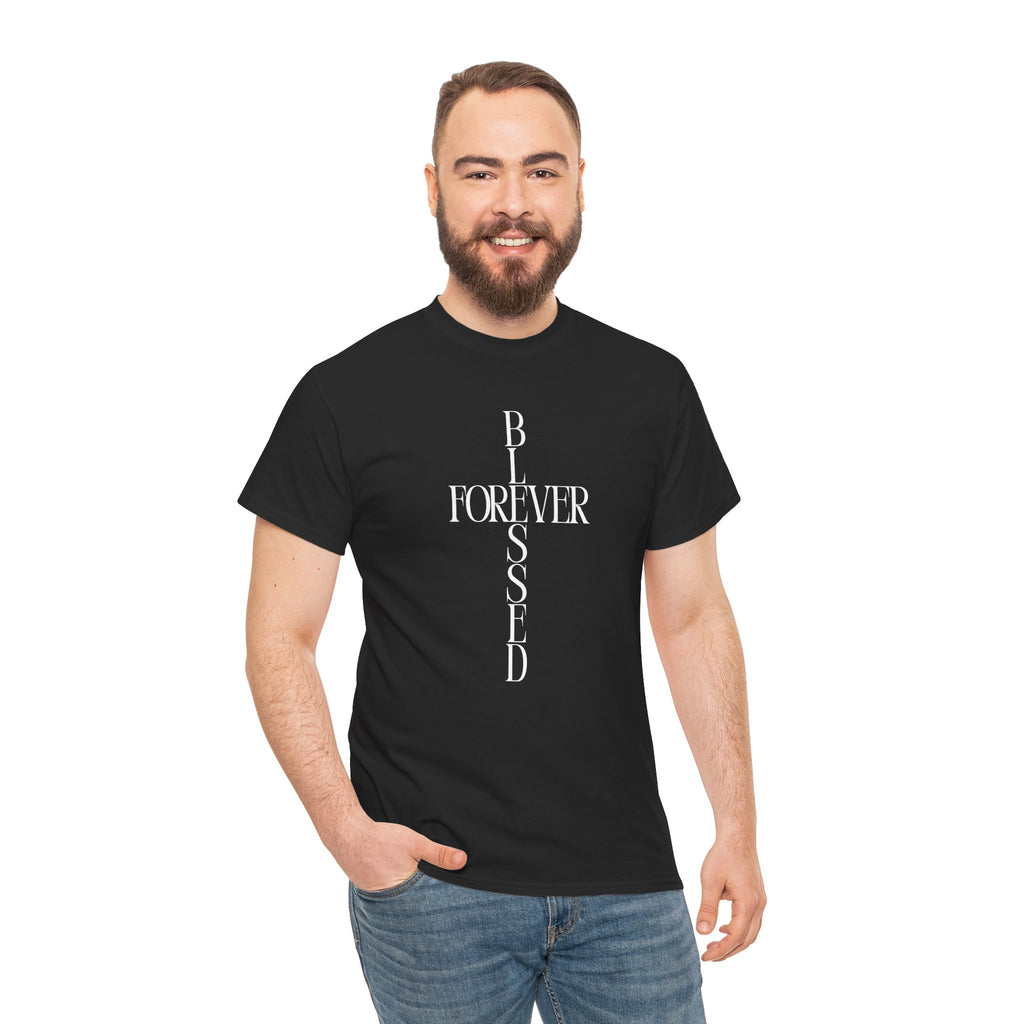 Forever Blessed Tee — Vertical Cross Text Christian Graphic T-Shirt