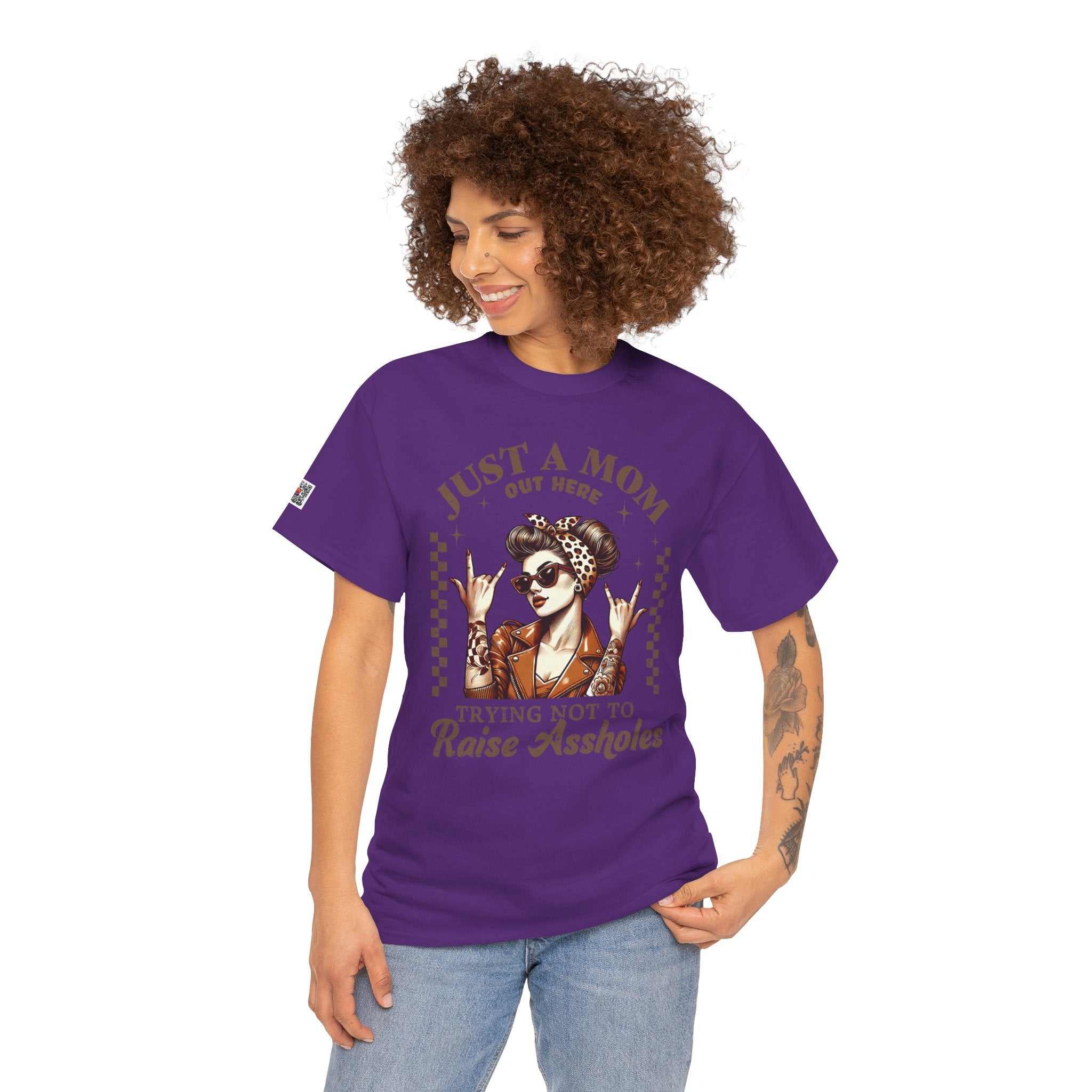 Just a Mom Trying Not to Raise A**holes – Funny Real Life Mom Tee, Trendy Graphic Shirt | Cr8tive Designs