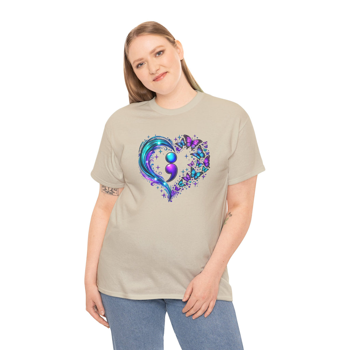 Semicolon Butterfly Heart T-Shirt | Teal & Purple Mental Health Awareness Graphic Tee | Cr8tive Designs