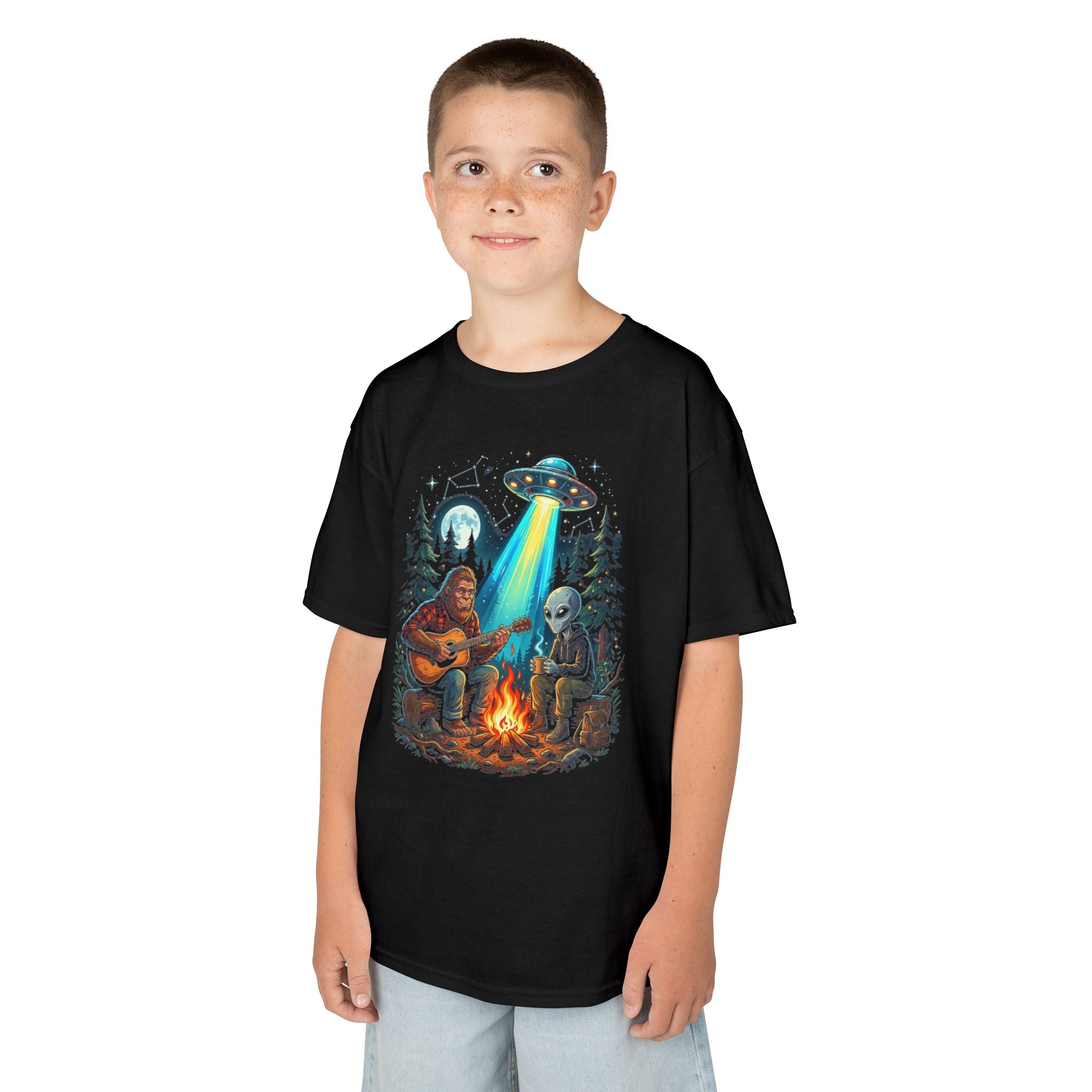 Bigfoot and Alien Campfire Youth T-Shirt | Retro UFO Campfire Boys Tee | Cr8tive Designs