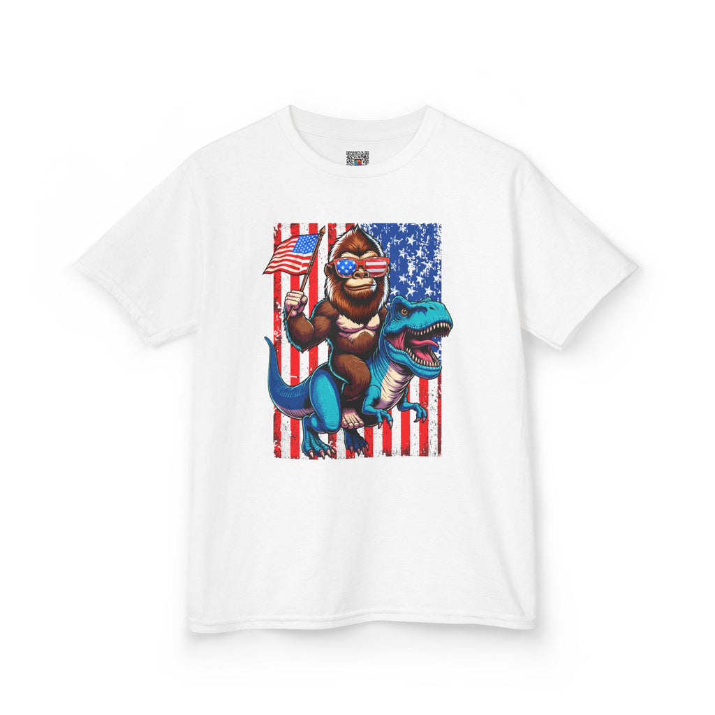 Kids Patriotic Dino Tee – T-Rex Riding Dinosaur with American Flag | Cr8tive Designs