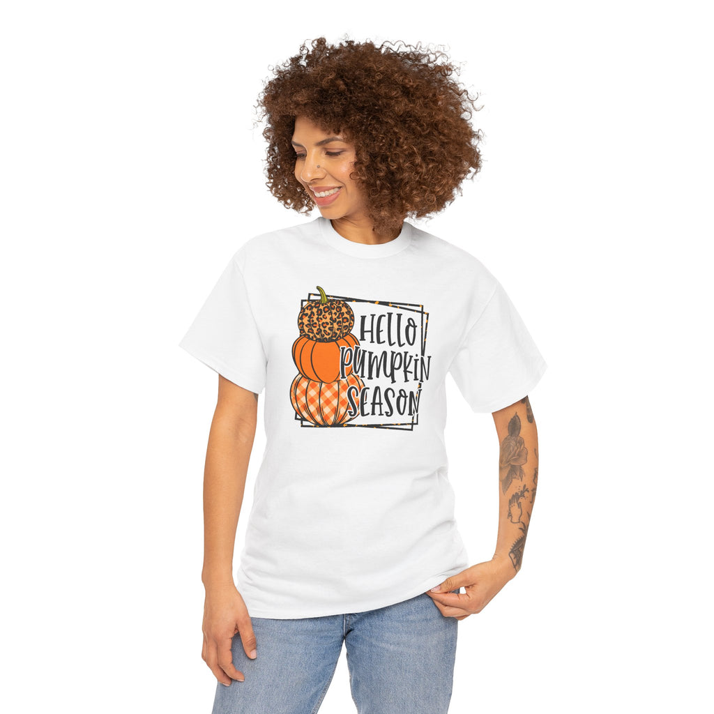 Hello Pumpkin Season Tee | Rustic Fall Stacked Pumpkins T-Shirt | Cr8tive Designs