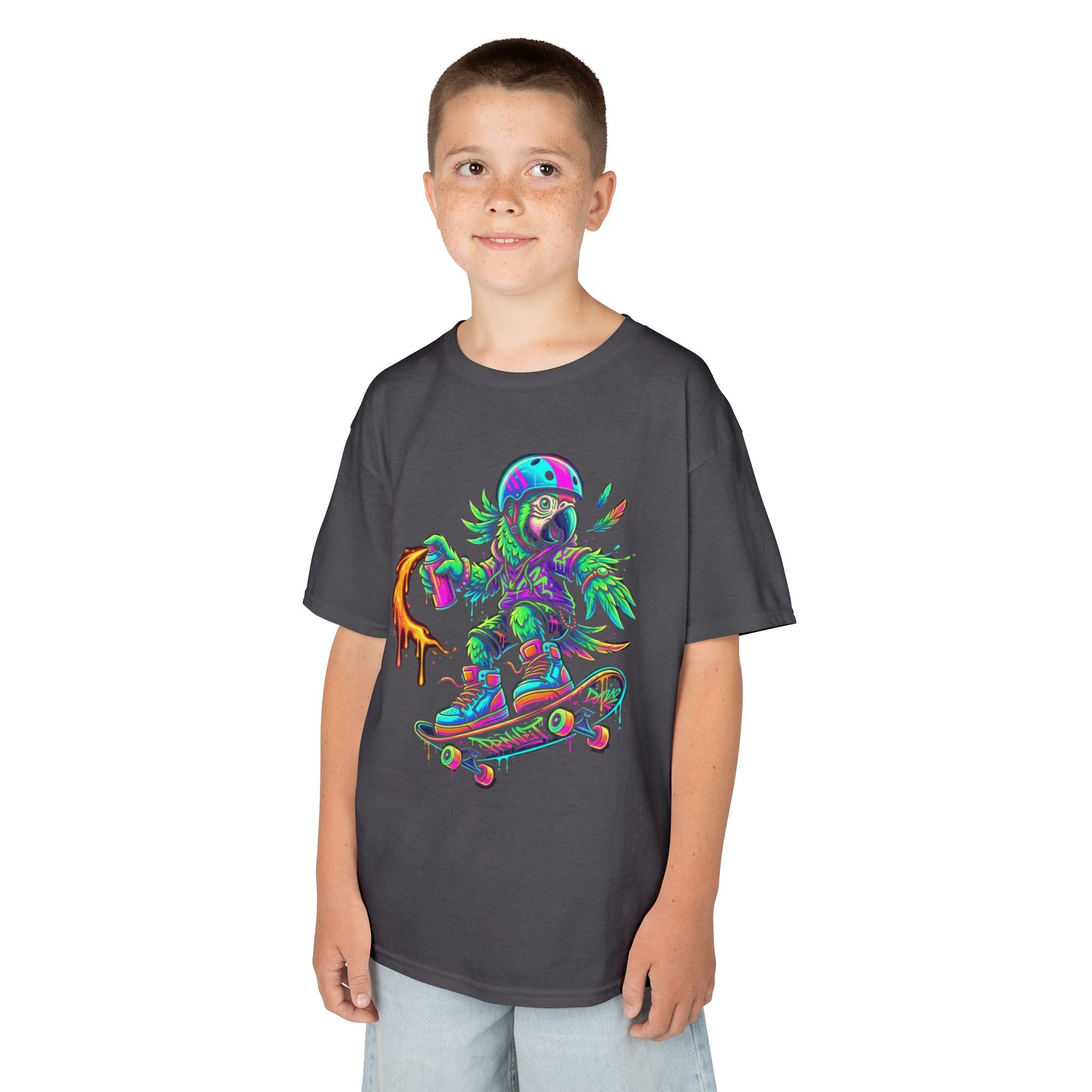 Kids T-Shirt | Neon Skate Parrot Skateboarder Graphic Tee | Cr8tive Designs
