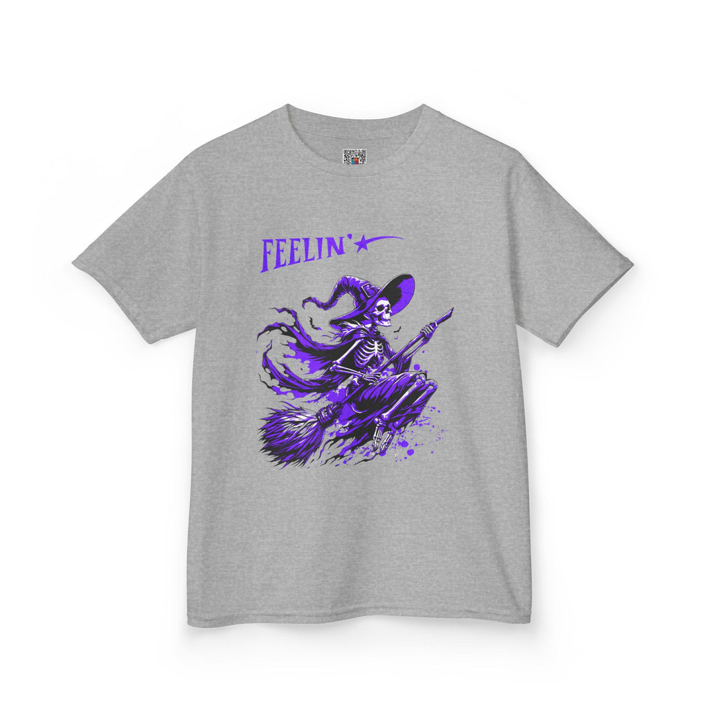 Kids Witch Broom Tee "Feelin'" | Purple Witch Flying Graphic T‑Shirt | Cr8tive Designs