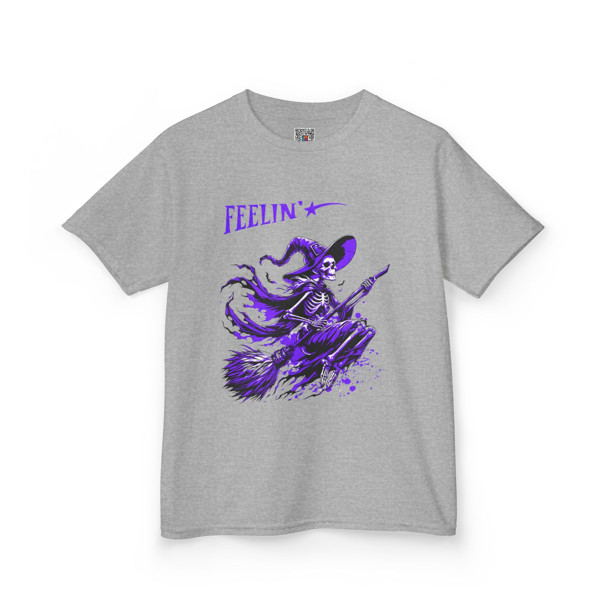 Kids Witch Broom Tee "Feelin'" | Purple Witch Flying Graphic T‑Shirt | Cr8tive Designs