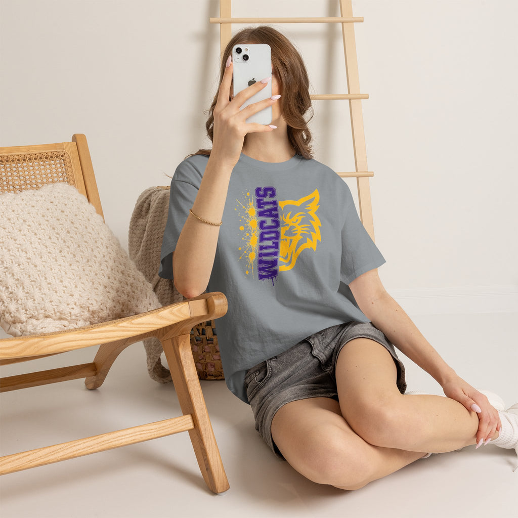 Wildcats Vertical Mascot | Purple & Gold School Spirit T-Shirt | Cr8tive Designs