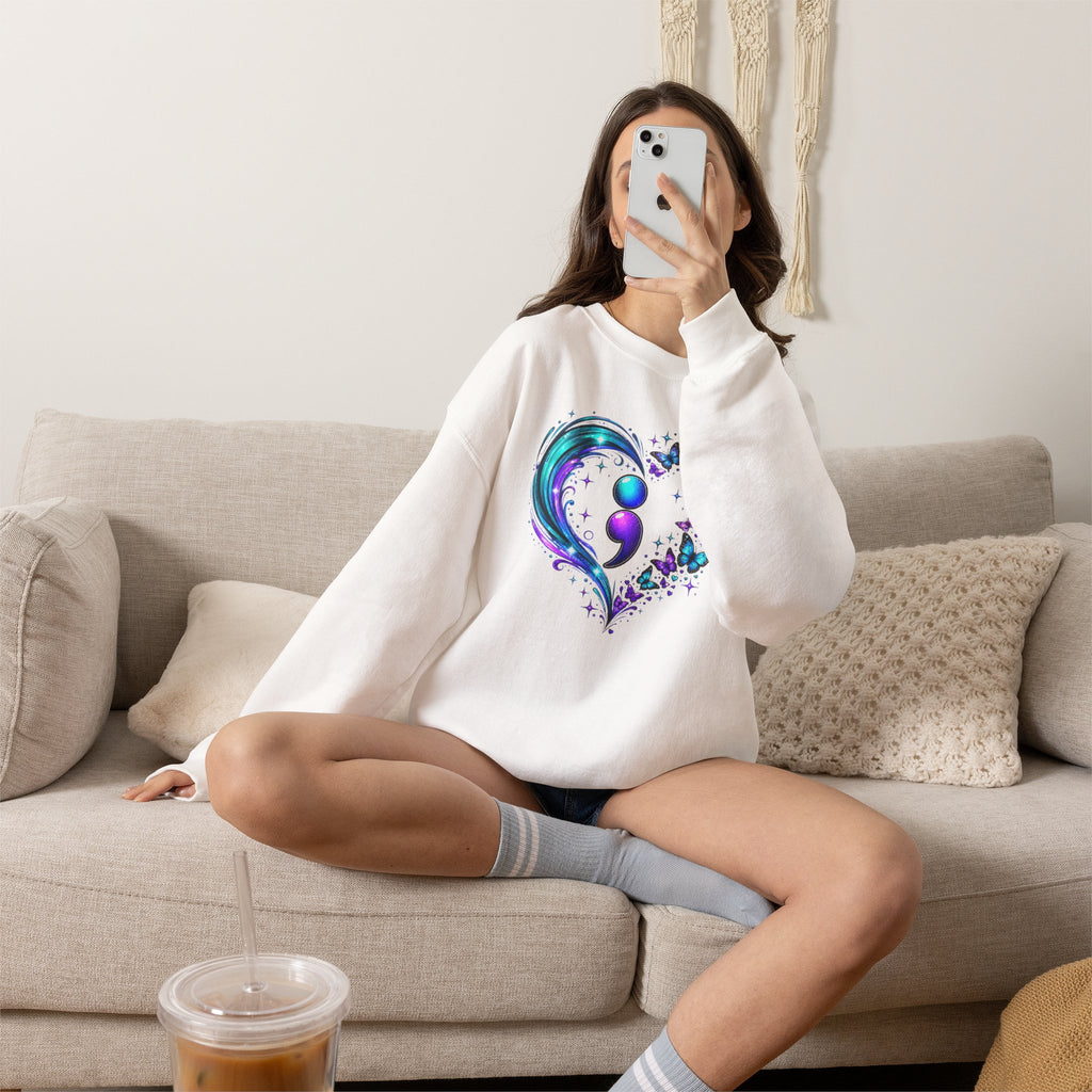 Semicolon Butterfly Heart Sweatshirt | Mental Health Awareness Crewneck | Cr8tive Designs