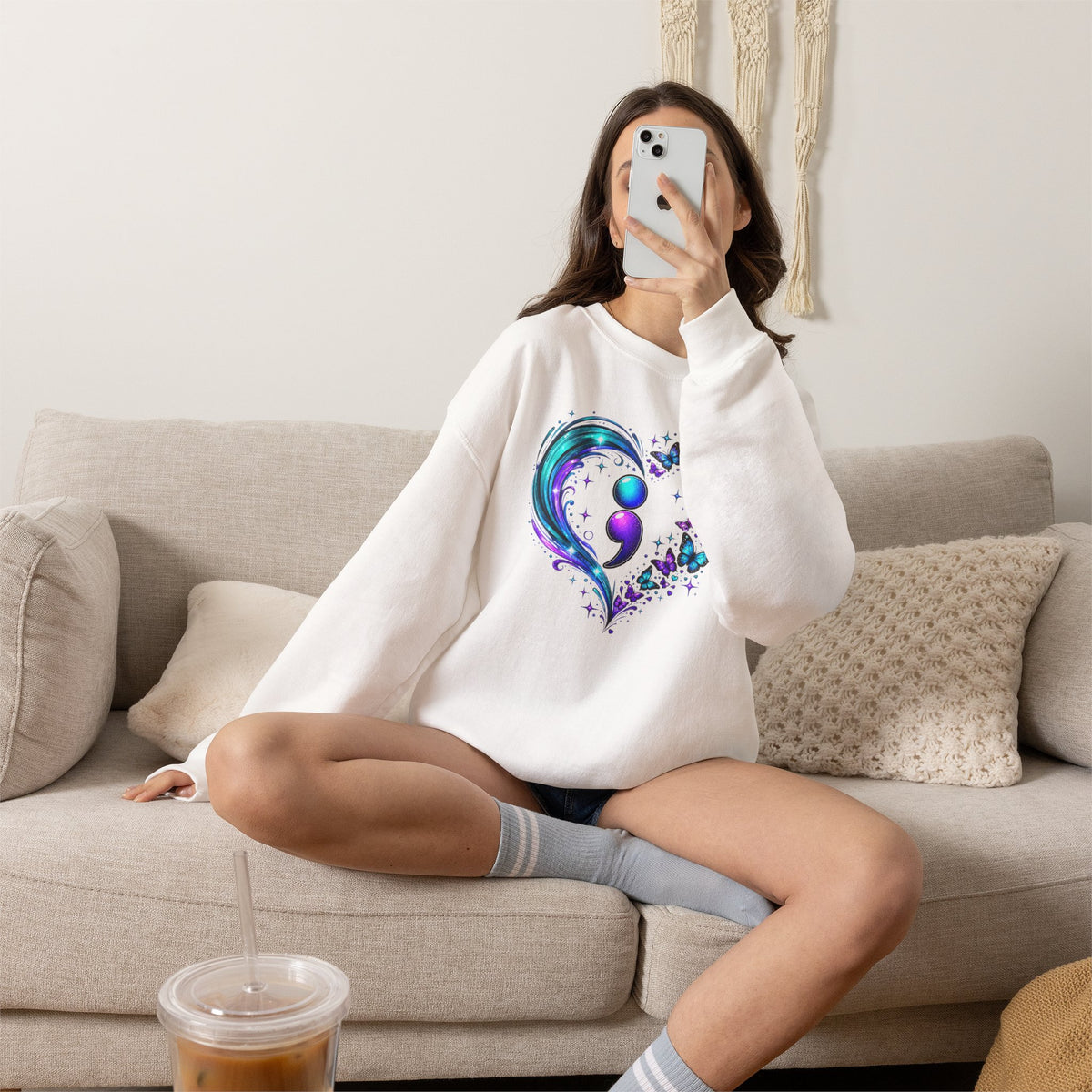 Semicolon Butterfly Heart Sweatshirt | Mental Health Awareness Crewneck | Cr8tive Designs