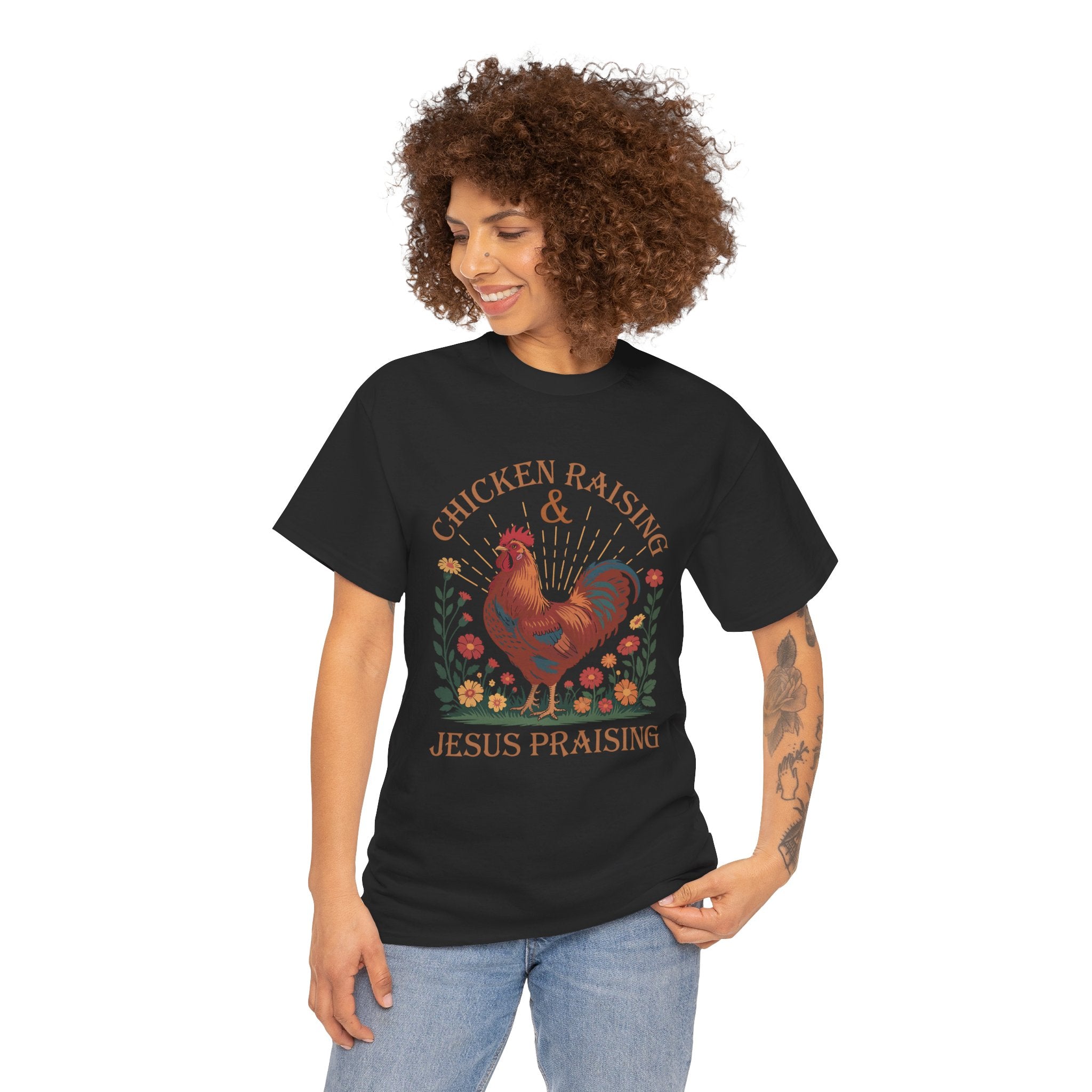 Raising Chickens and Praising Jesus | Farmhouse Faith Graphic Tee | Cr8tive Designs