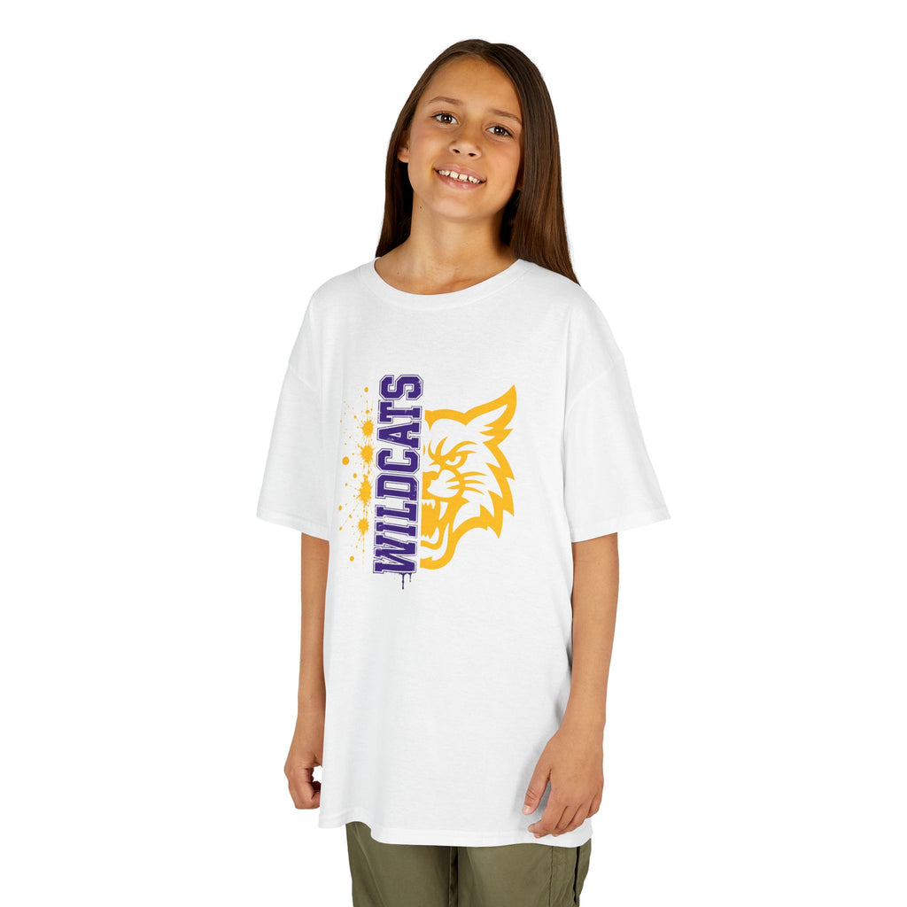 Wildcats Vertical Mascot | Purple & Gold Youth School Spirit T-Shirt | Cr8tive Designs