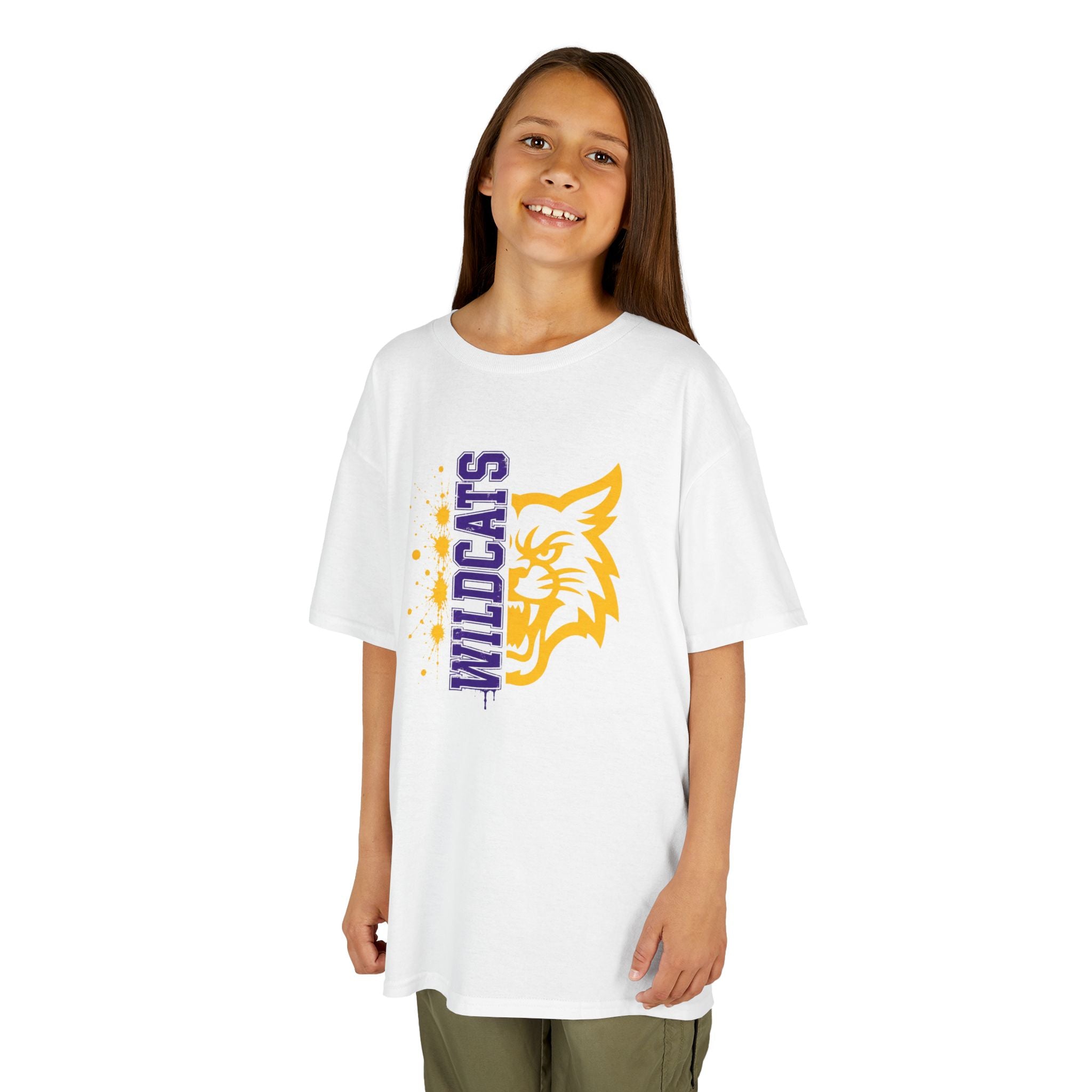 Wildcats Vertical Mascot | Purple & Gold Youth School Spirit T-Shirt | Cr8tive Designs
