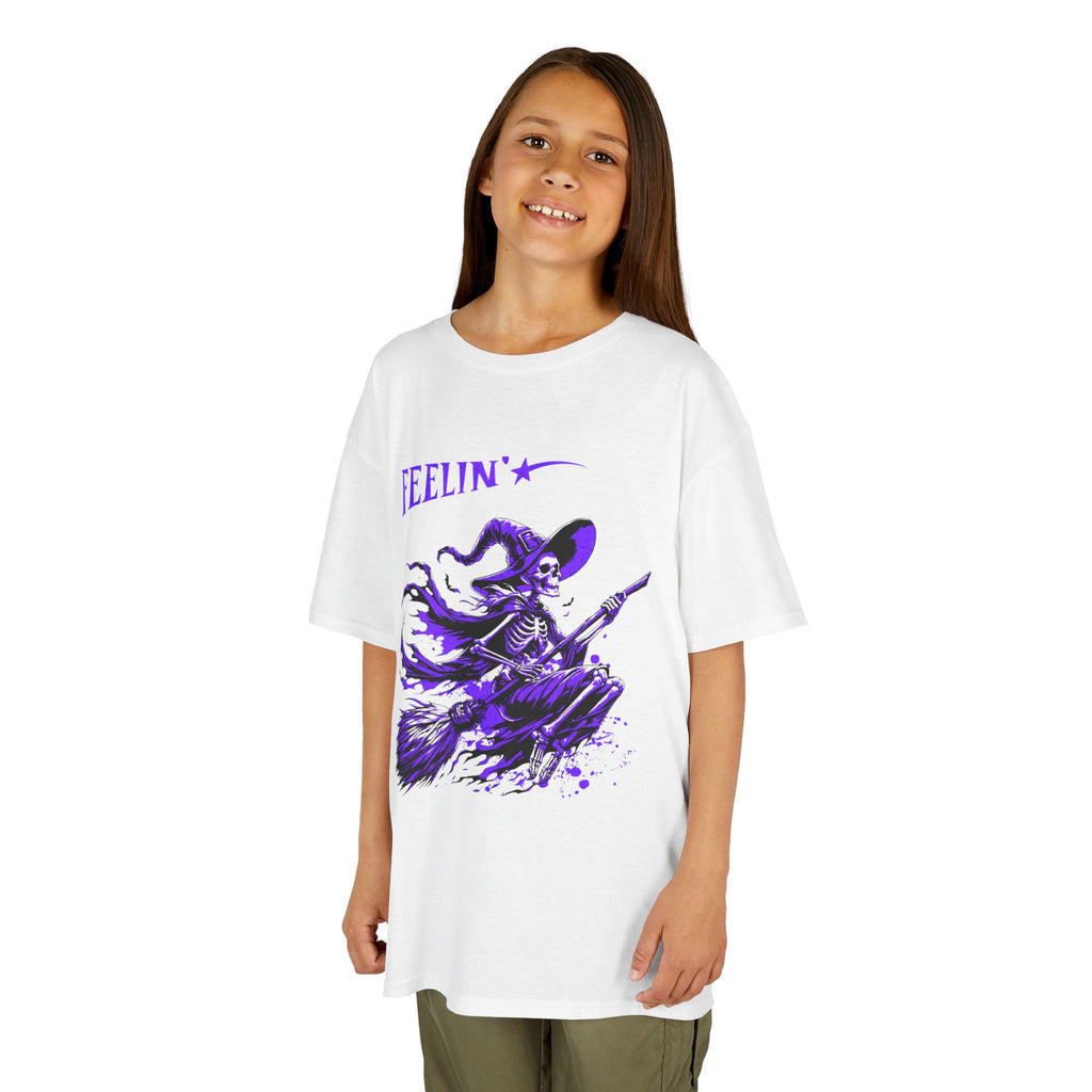 Kids Witch Broom Tee "Feelin'" | Purple Witch Flying Graphic T‑Shirt | Cr8tive Designs