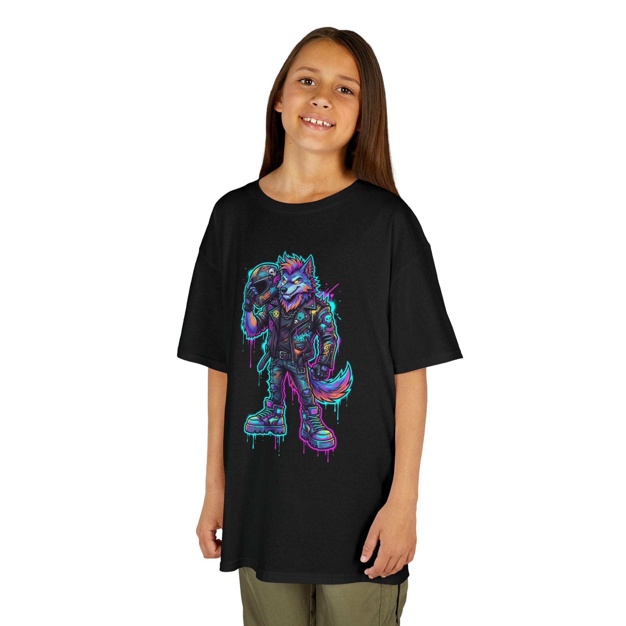 Kids Wolf Character Tee | Neon Cyberpunk Fox-Wolf Gamer Shirt | Cr8tive Designs