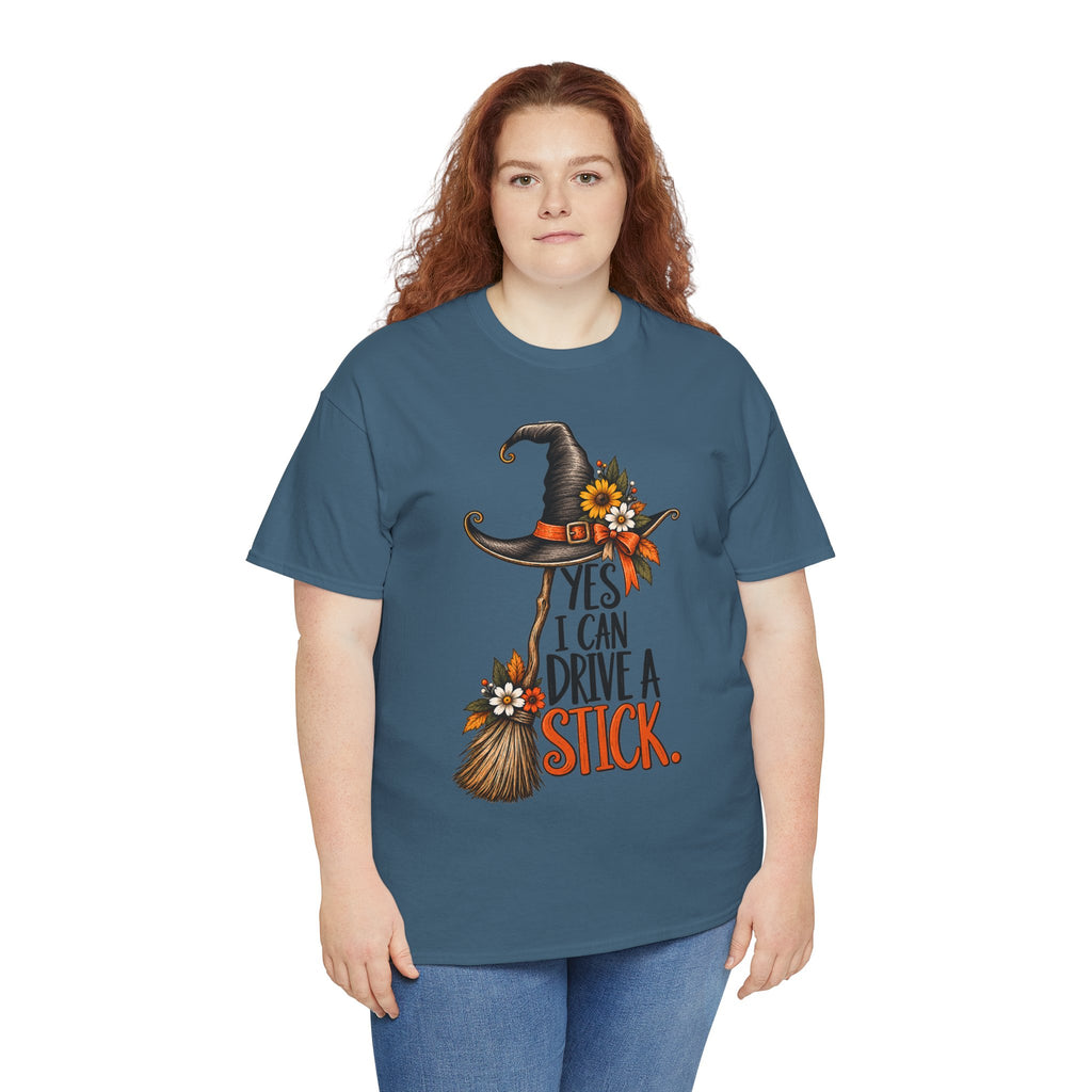 Yes I Can Drive A Stick T-Shirt | Funny Witch Broomstick Halloween Tee | Cr8tive Designs
