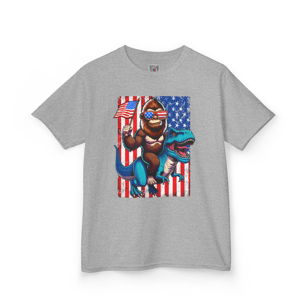 Kids Patriotic Dino Tee – T-Rex Riding Dinosaur with American Flag | Cr8tive Designs