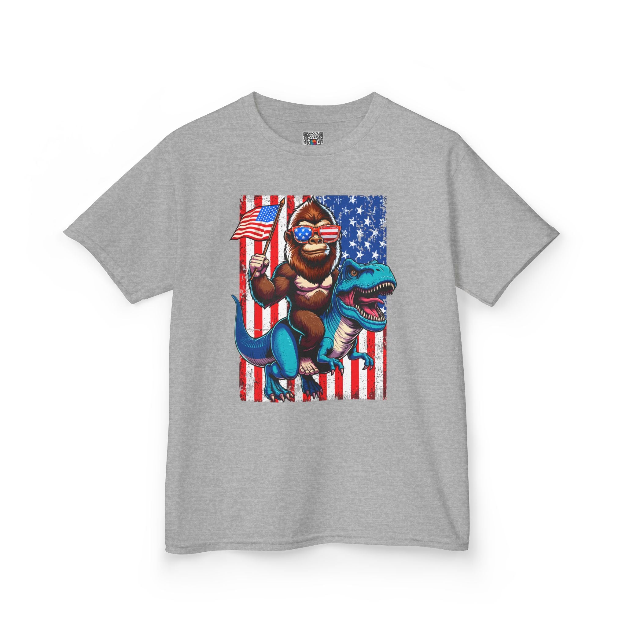 Kids Patriotic Dino Tee – T-Rex Riding Dinosaur with American Flag | Cr8tive Designs