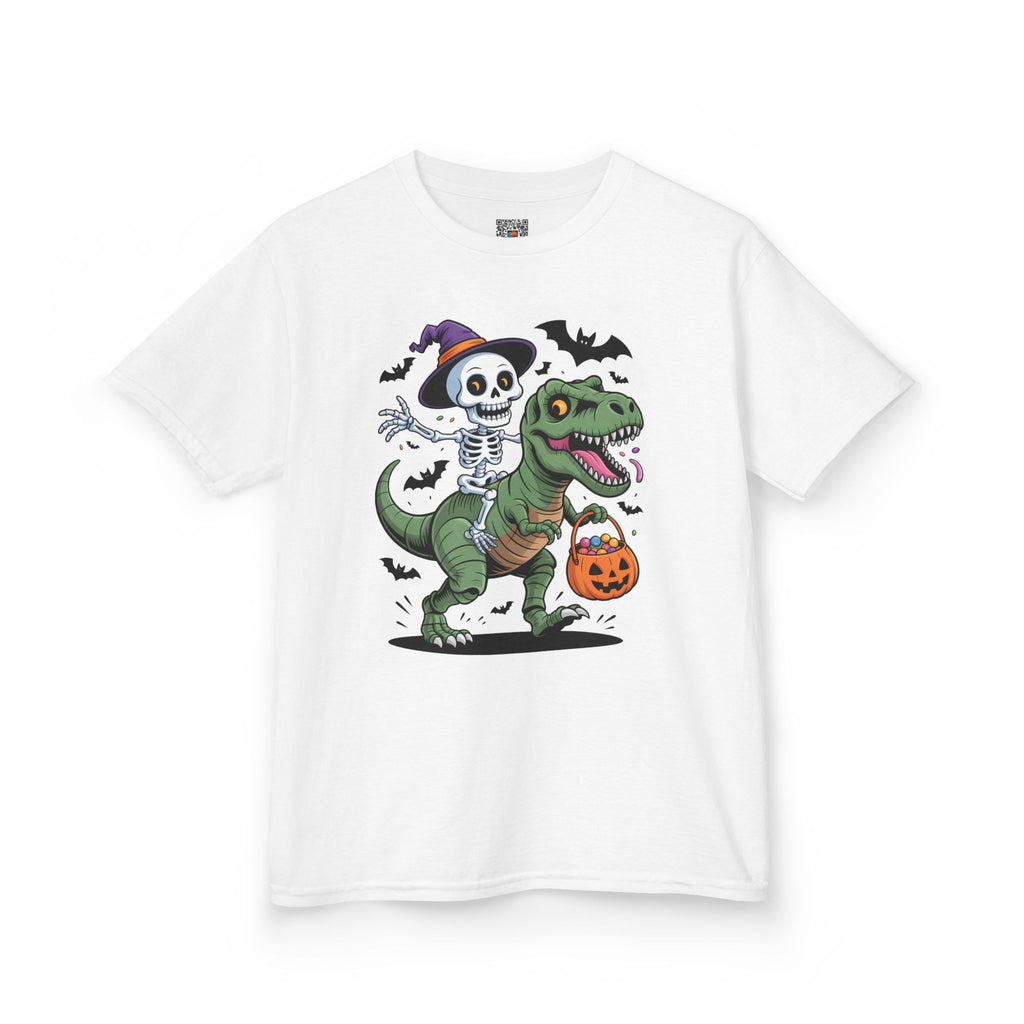Skeleton Riding T-Rex Youth T-Shirt | Spooky Dino Halloween Kids Tee | Cr8tive Designs