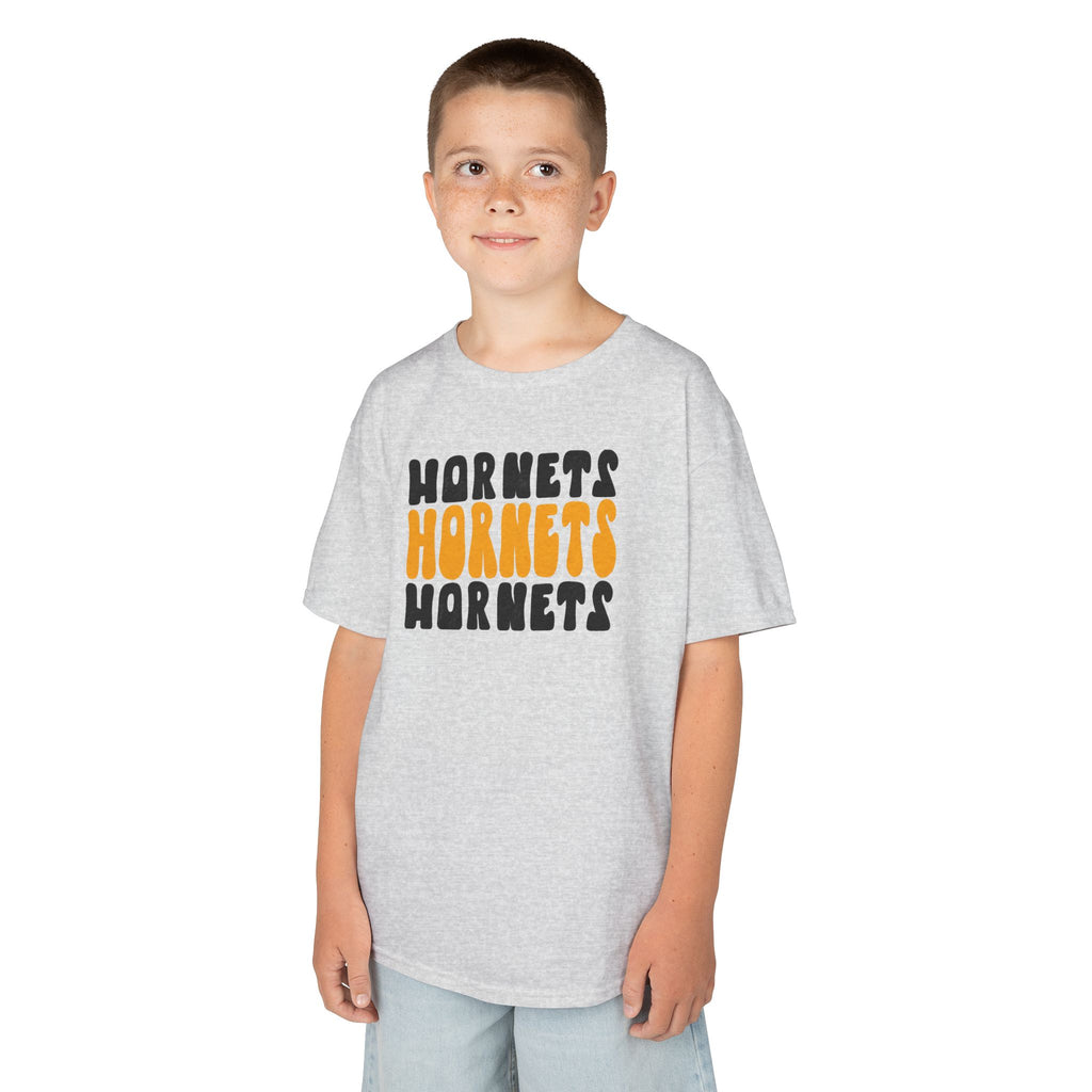 Retro Groovy Hornets Youth T-Shirt | Wavy Stacked School Spirit Mascot Tee | Cr8tive Designs
