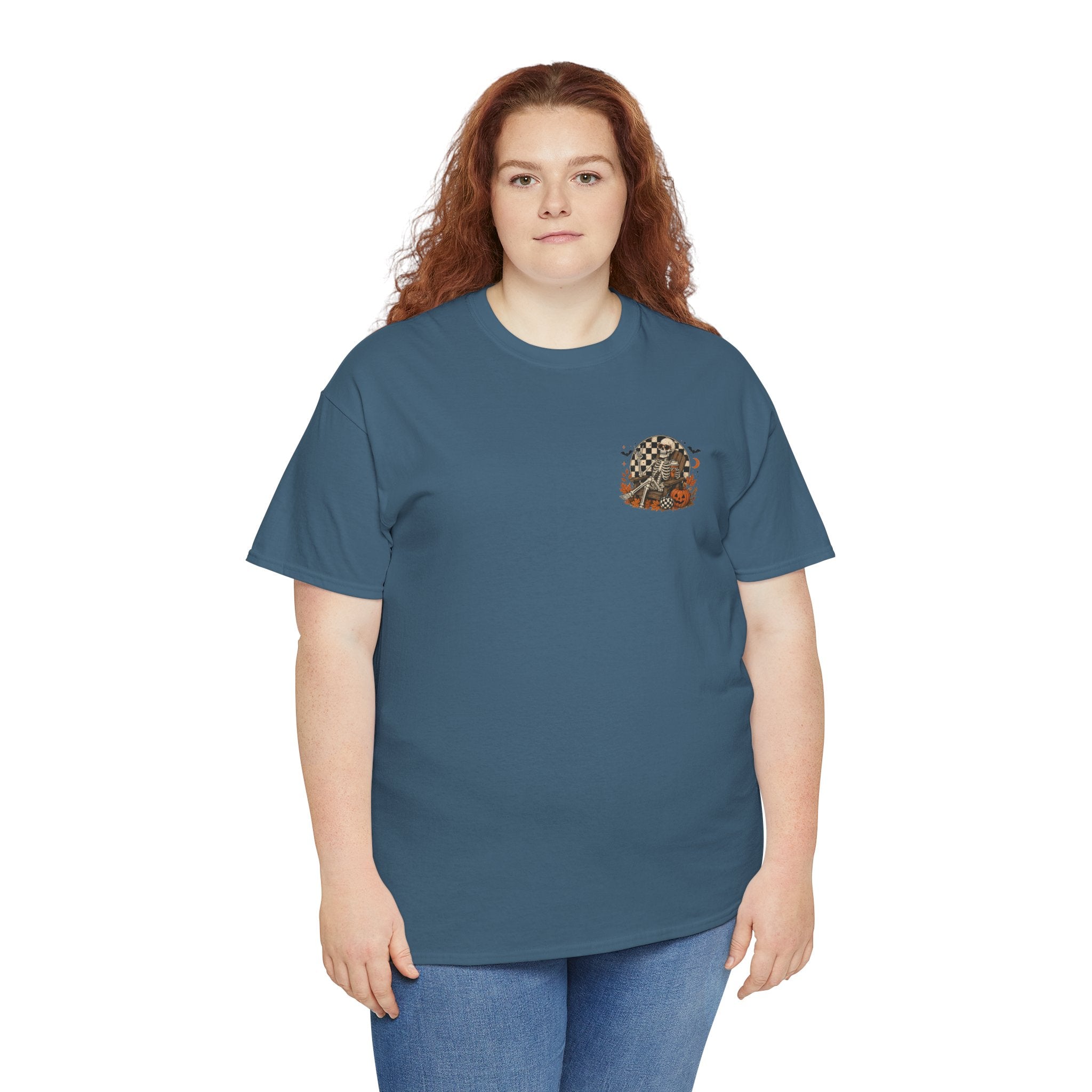 Fall Breeze Autumn Leaves Skeleton Tee | Double Sided Halloween Graphic Tee | Cr8tive Designs