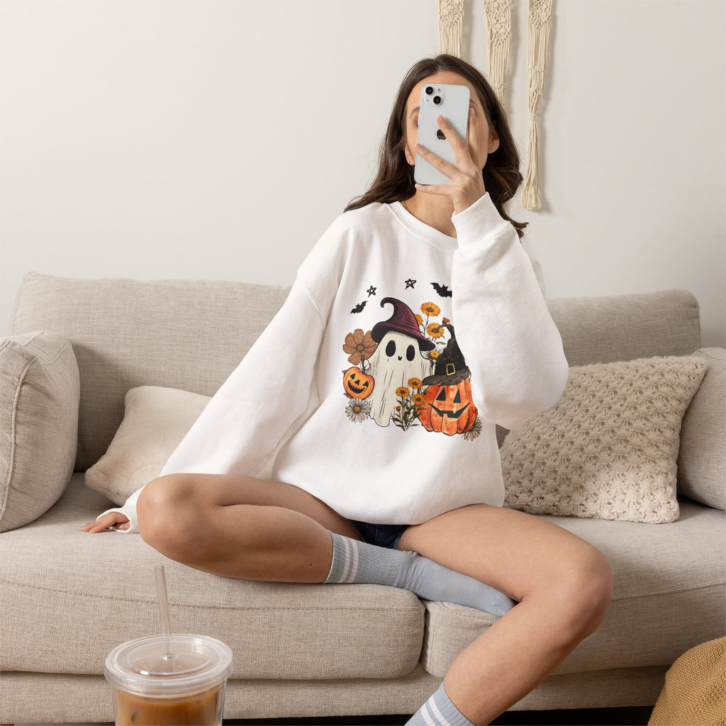 Witch Ghost & Pumpkin Sweatshirt | Floral Spooky Season Crewneck | Cr8tive Designs