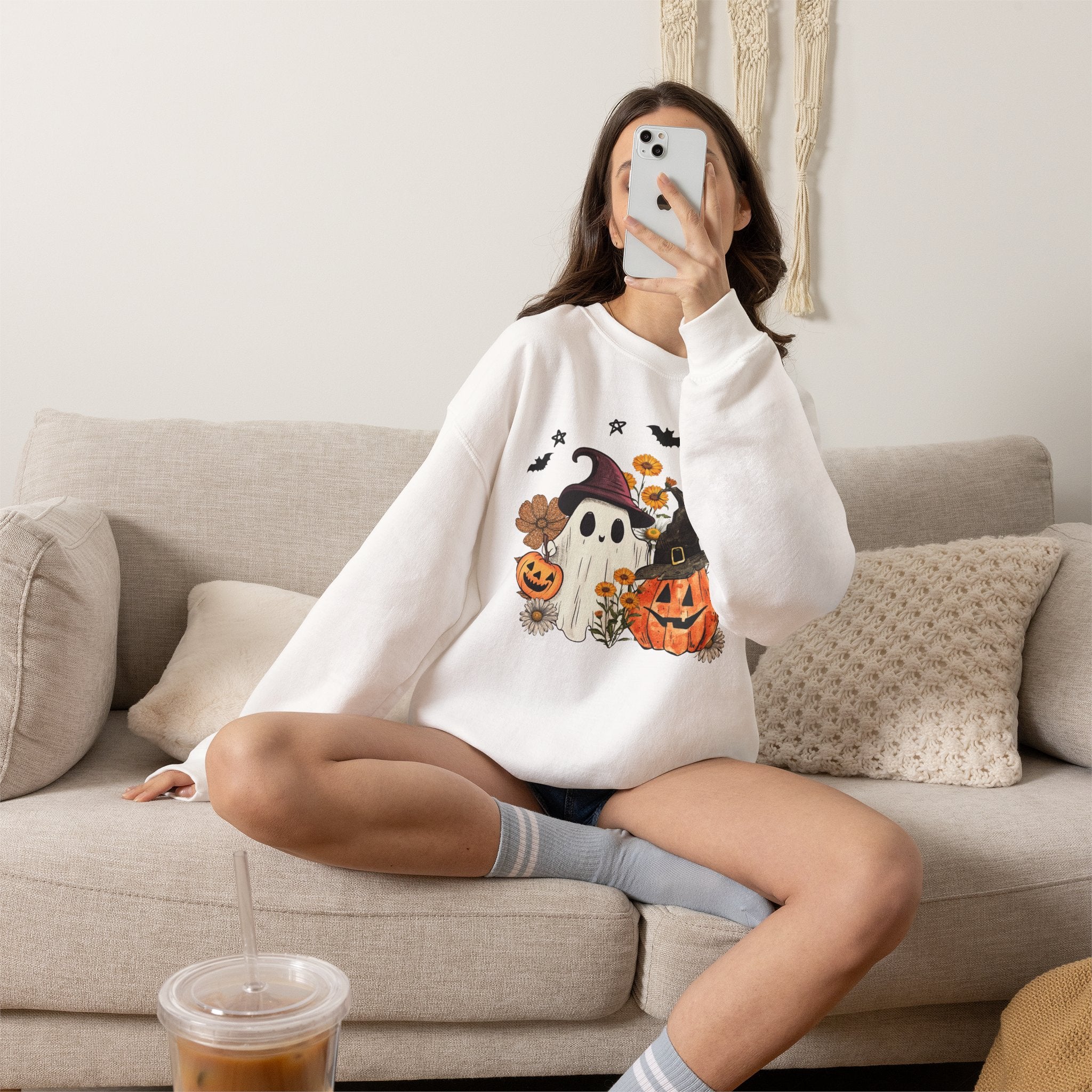 Witch Ghost & Pumpkin Sweatshirt | Floral Spooky Season Crewneck | Cr8tive Designs
